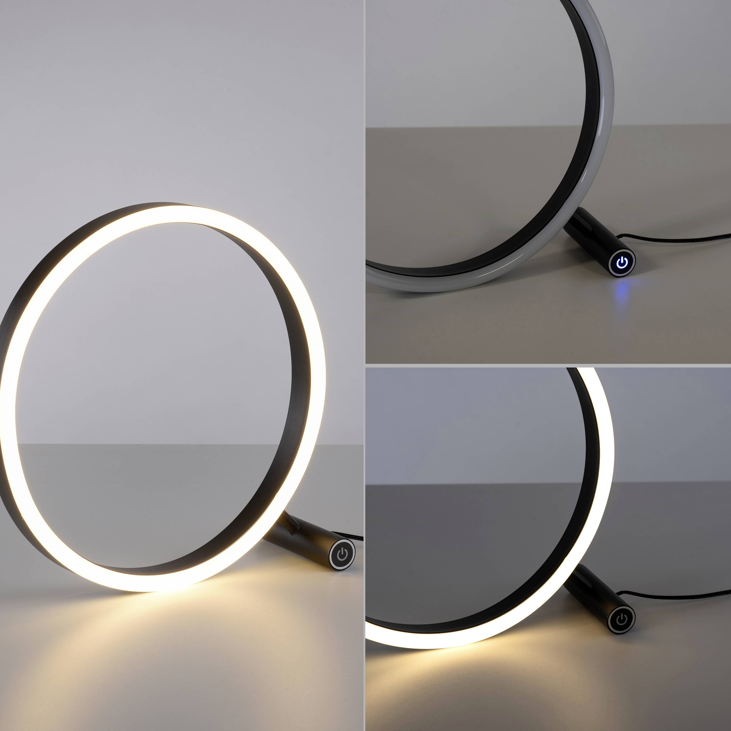 Eine moderne, kreisförmige LED-Tischlampe mit einem beleuchteten Rahmen und einem blauen Ein-/Ausschalter auf einem weißen Tisch.