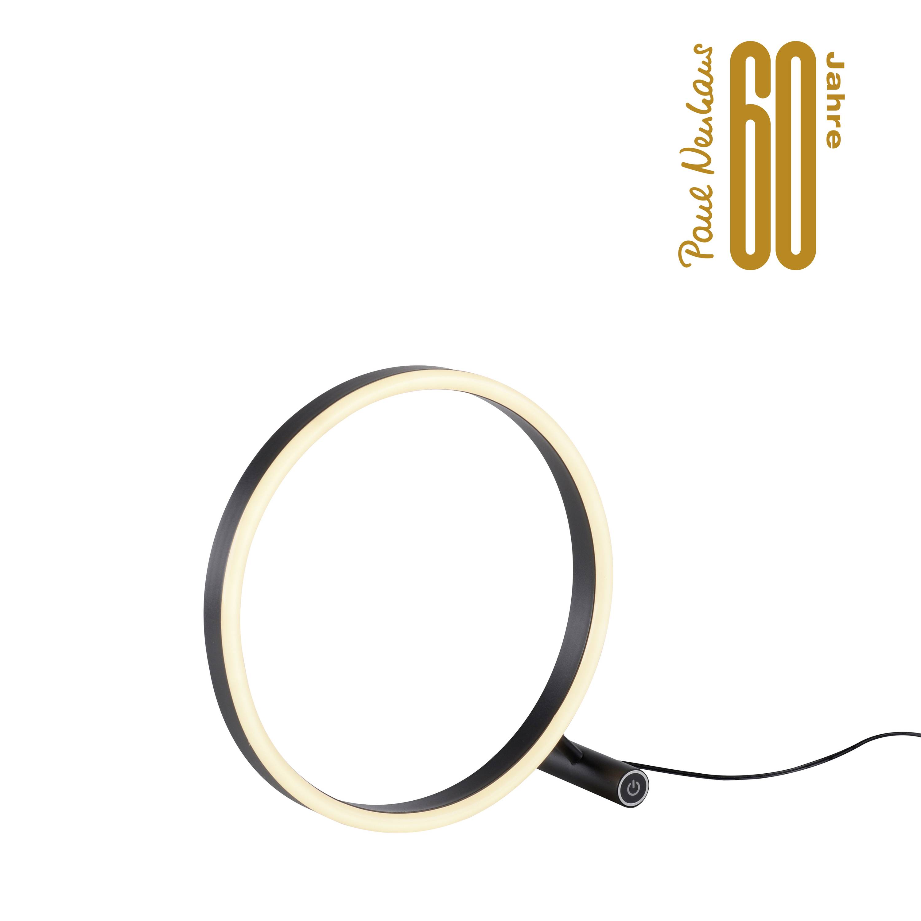 Eine moderne Ringlampe mit einem schlanken Design leuchtet hell. Oben rechts steht '60 Jahre Poul Madsen'.