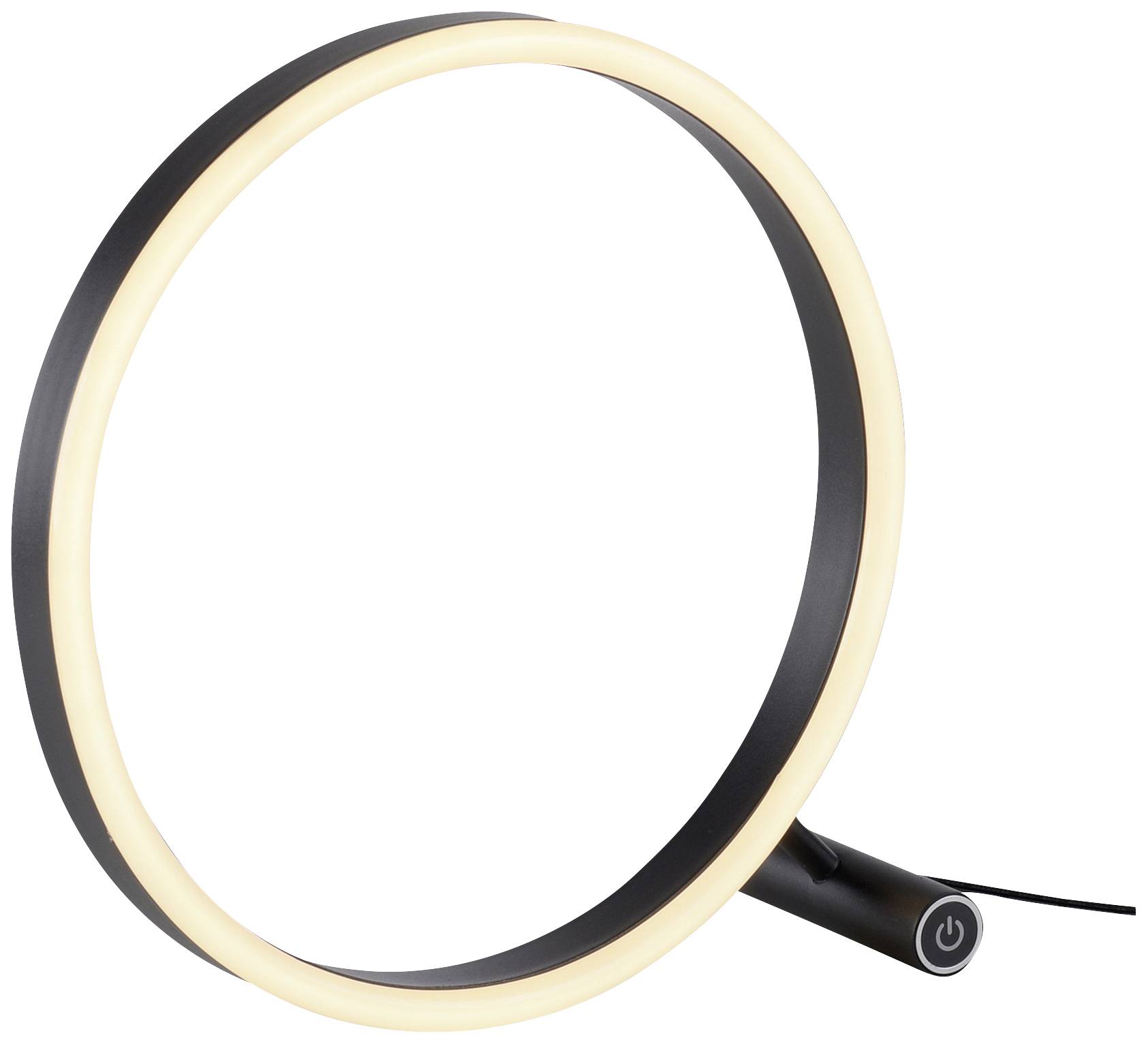 Eine runde, moderne Tischlampe aus schwarzem Metall mit einem leuchtenden LED-Ring und einem Touch-Schalter am Sockel.