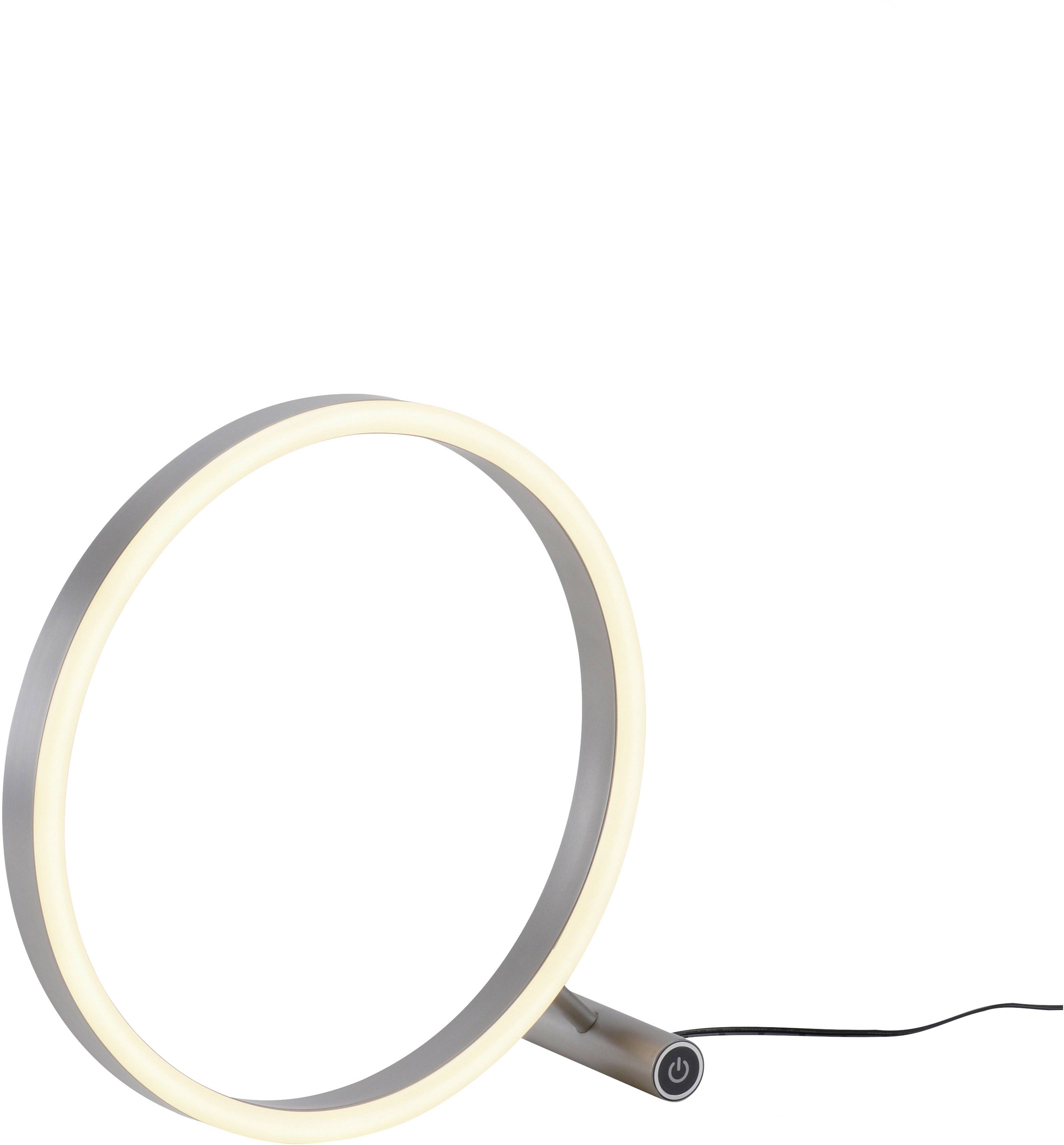Eine runde LED-Tischlampe mit modernem Design. Sie hat einen silbernen Ring, der auf einem kurzen, zylindrischen Fuß mit Netzkabel steht.