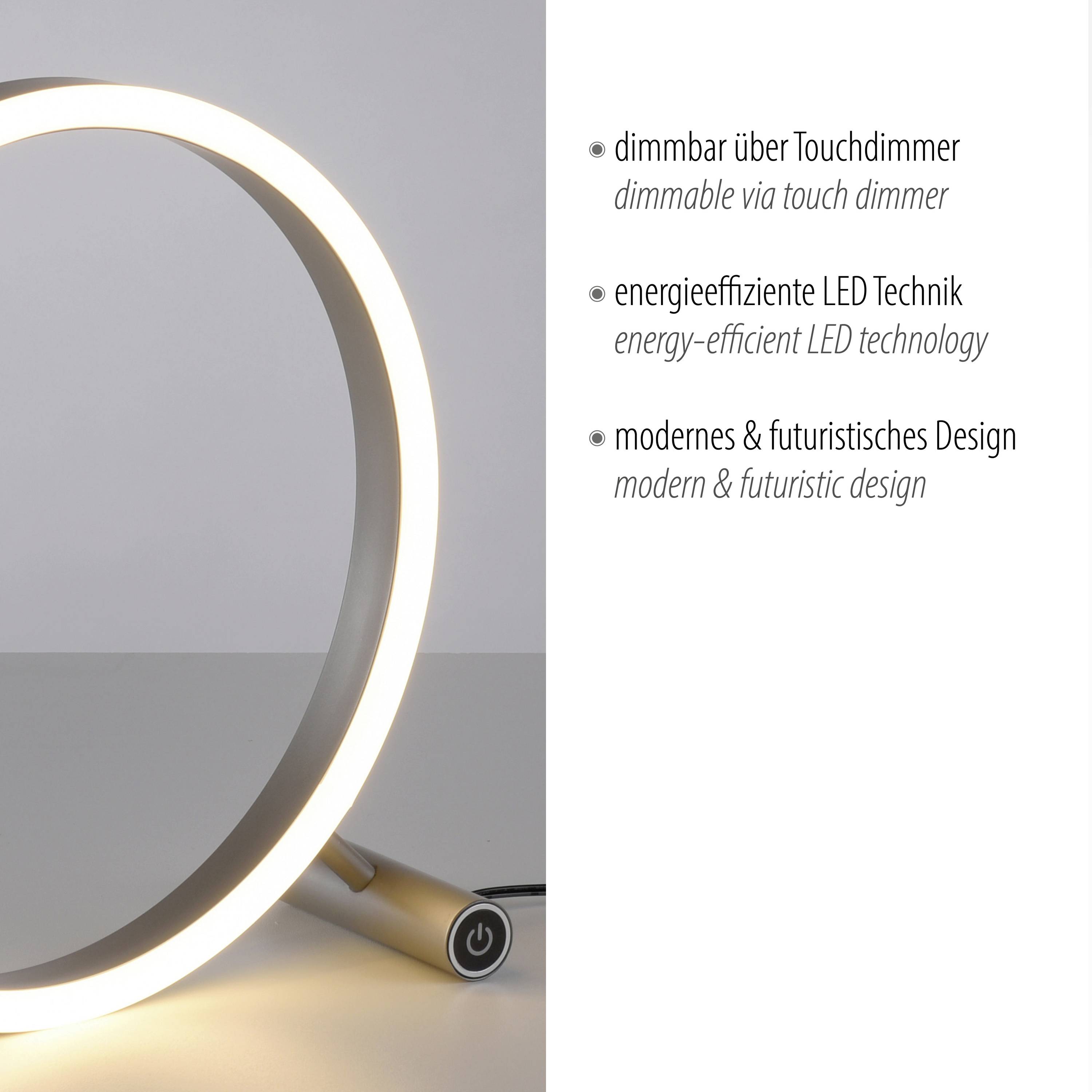 Eine moderne, runde Tischlampe mit LED-Beleuchtung. Merkmale: dimmbar, energieeffizient, modernes Design. Text betont Funktionen.