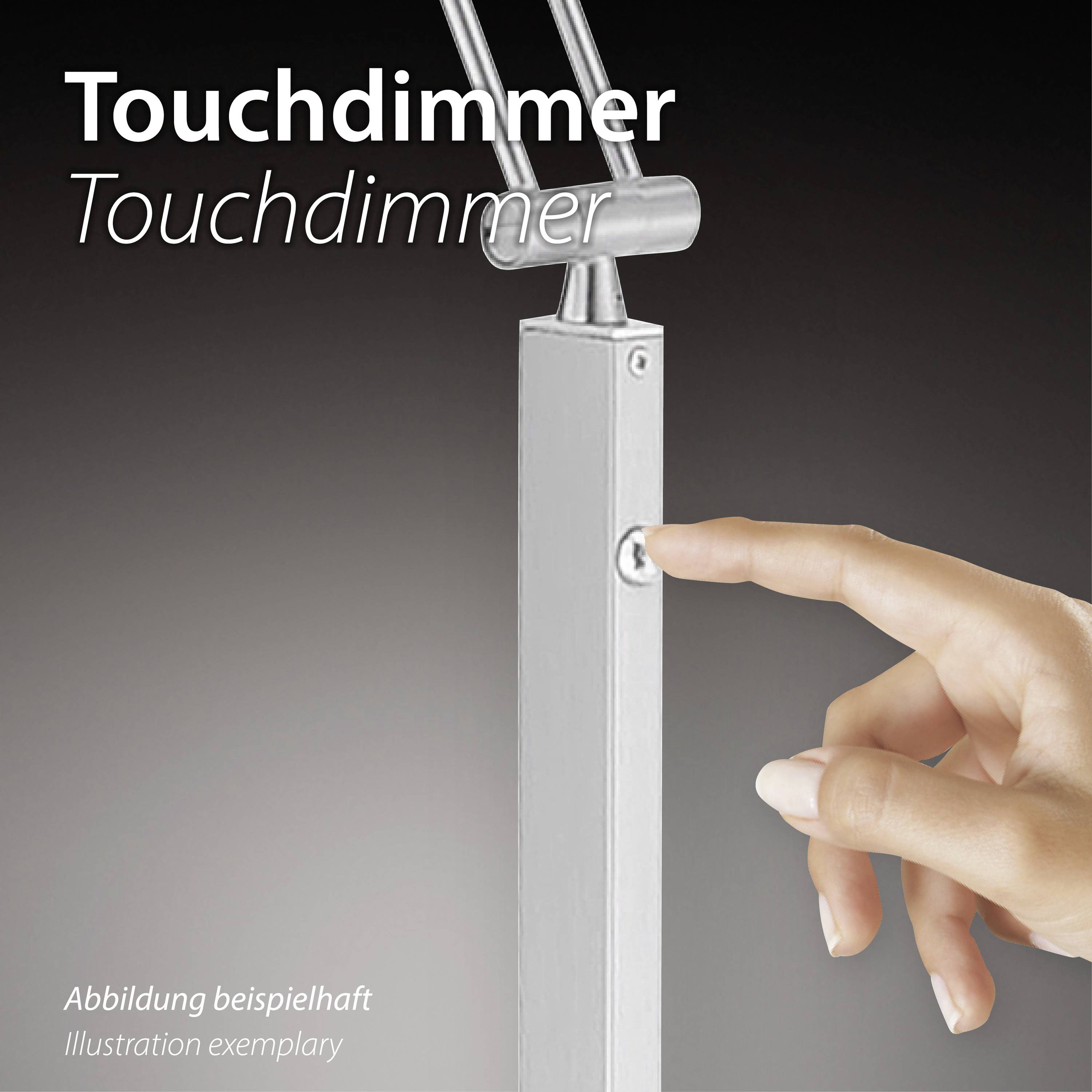 Eine Hand berührt einen Touchdimmer an einer silbernen Lampe, begleitet vom Text 'Touchdimmer' oben links.