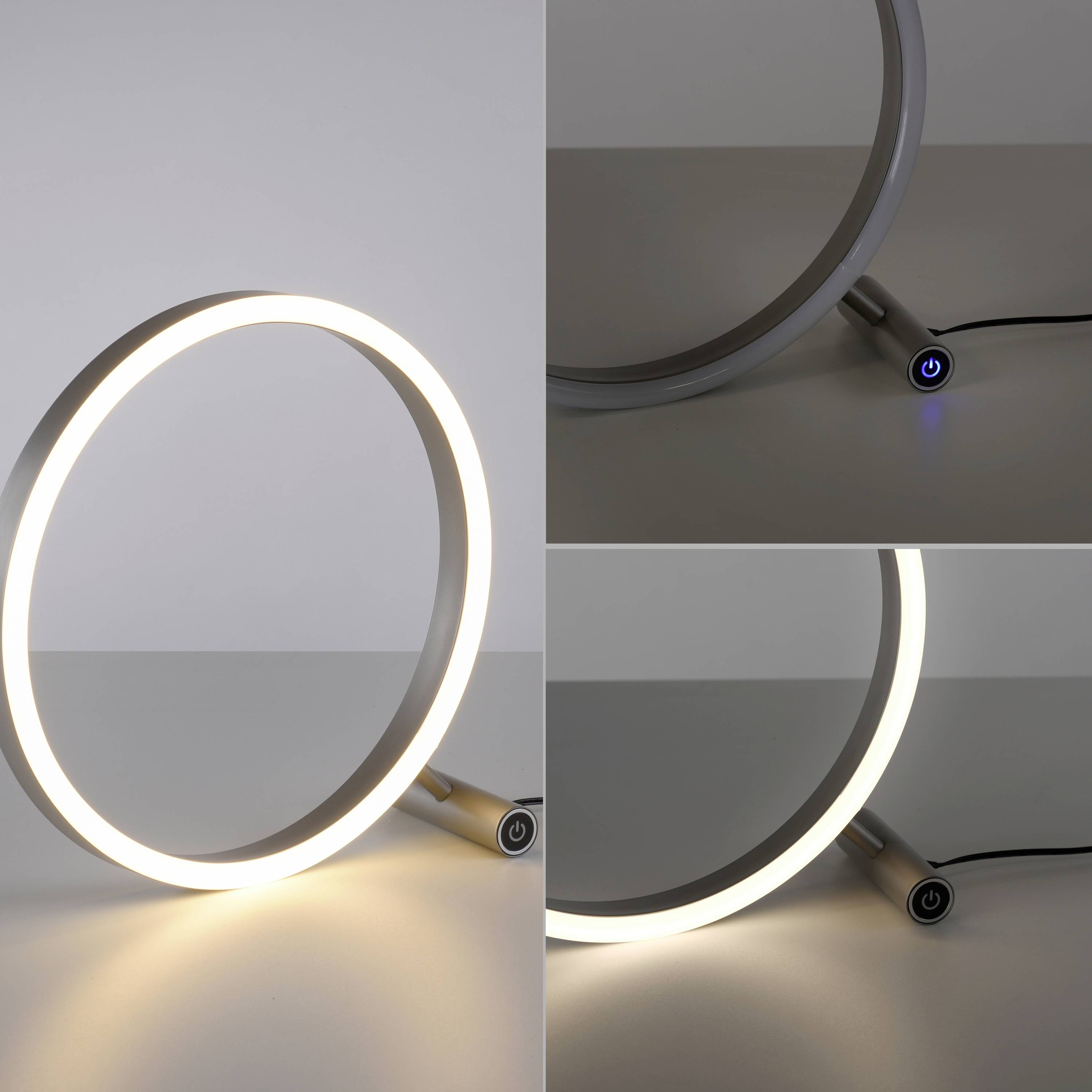 Runde Tischlampe mit LED-Licht und Schalter. Oben: Nahaufnahme des Schalters mit blauem Licht. Unten: Lampe leuchtet hell auf.