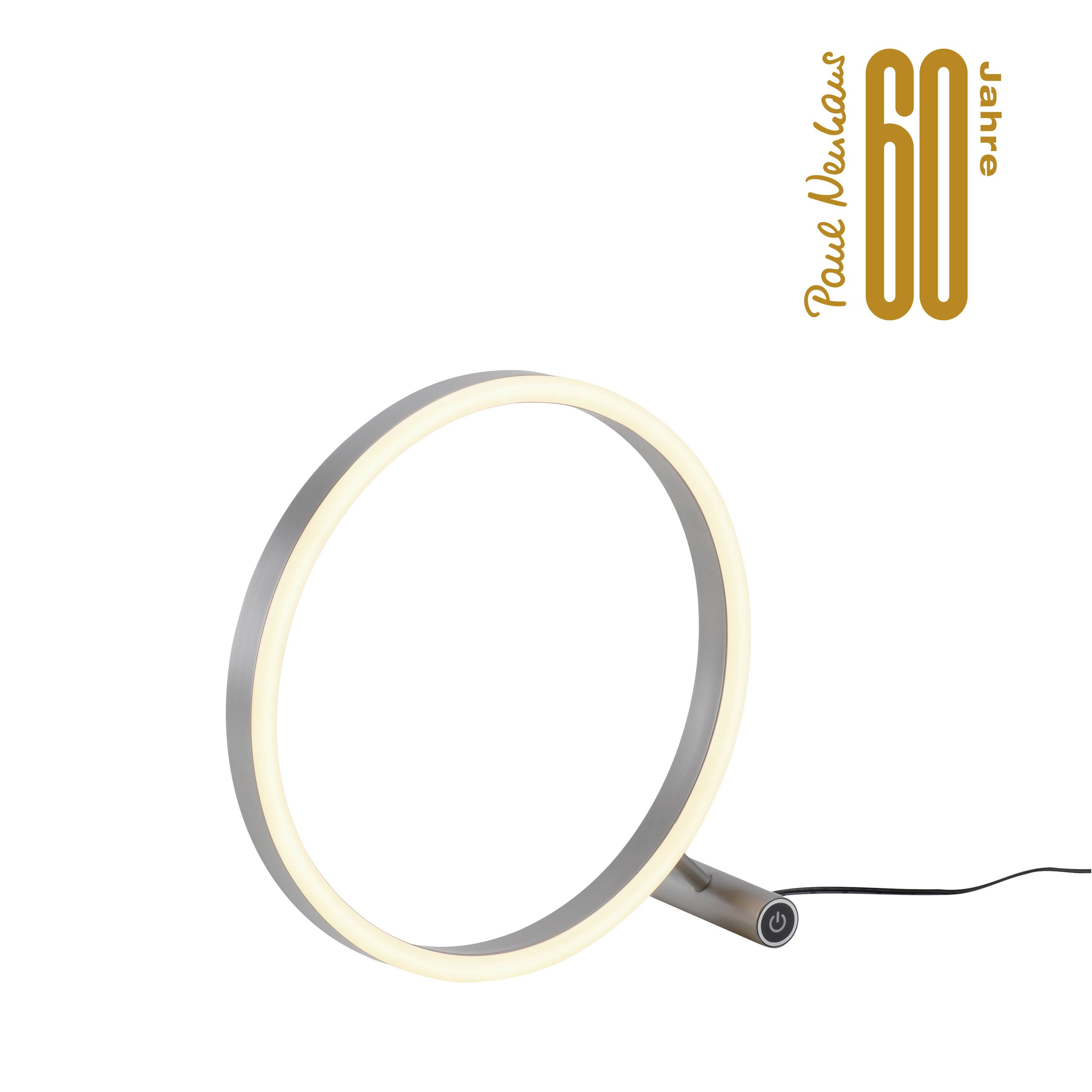 Eine moderne Tischlampe in Form eines Rings mit einem leuchtenden LED-Kreis. Oben rechts der Text '60 Jahre Poul Madsen'.