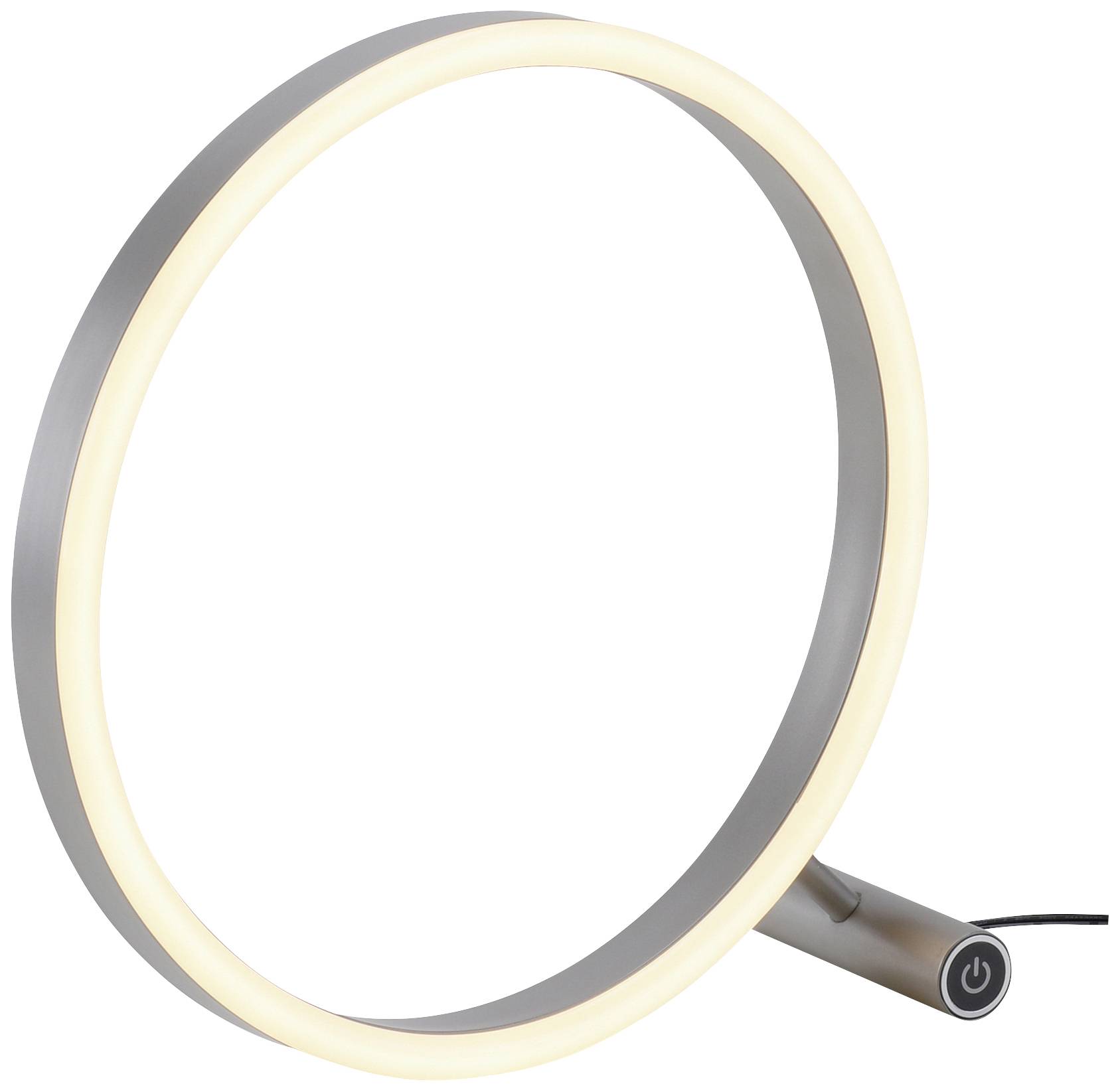 Eine moderne runde Tischlampe mit silbernem Rahmen und leuchtendem LED-Ring, daneben ein Touch-Schalter zur Steuerung der Beleuchtung.