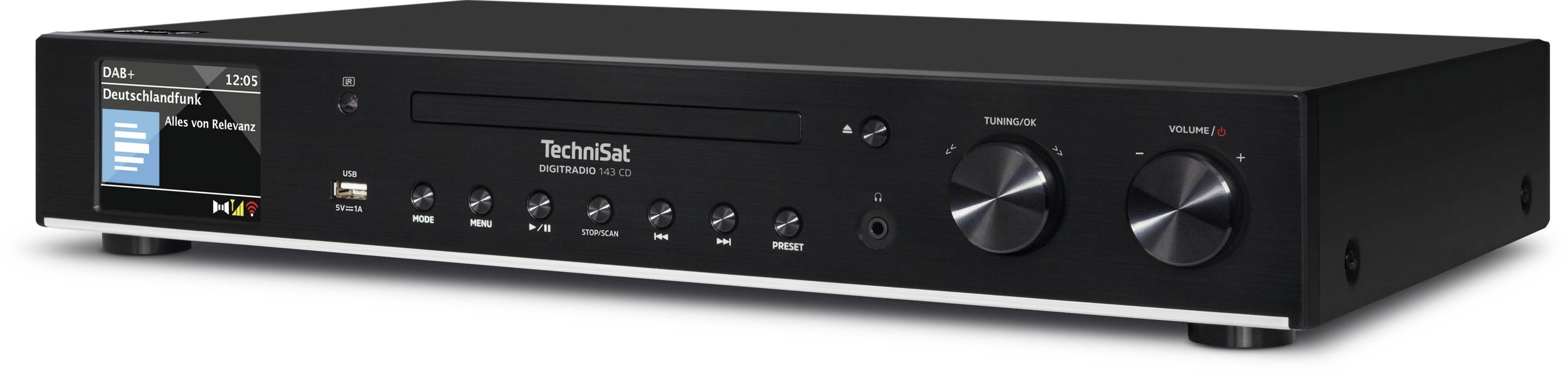 Ein schwarzer Hi-Fi-Verstärker mit Display und mehreren Drehknöpfen auf der Vorderseite, passend für ein Heim-Audiosystem.