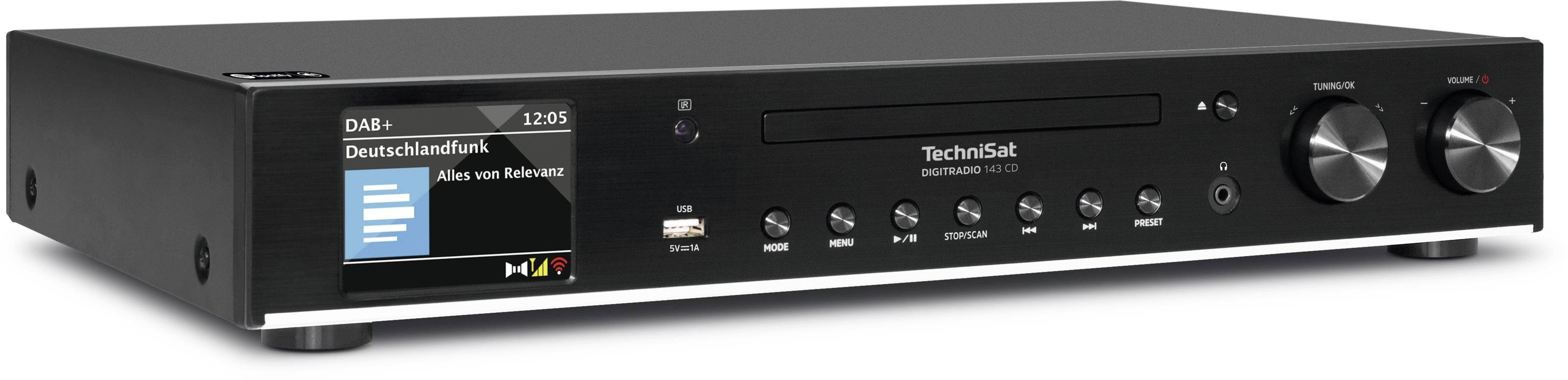 Schwarzer Radioempfänger mit Digitalanzeige. Zeigt 'DAB+ Deutschlandfunk'. Mehrere Tasten und zwei große Lautstärkeregler.