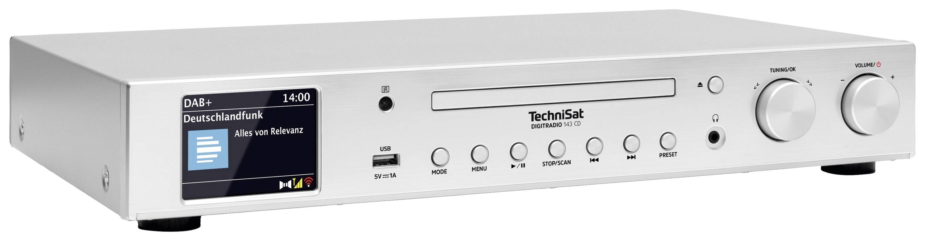 Ein silberner Digitalradio-Receiver mit Display, zeigt 'DAB+ Deutschlandfunk' an. Regler für Lautstärke und Senderwahl sind sichtbar.