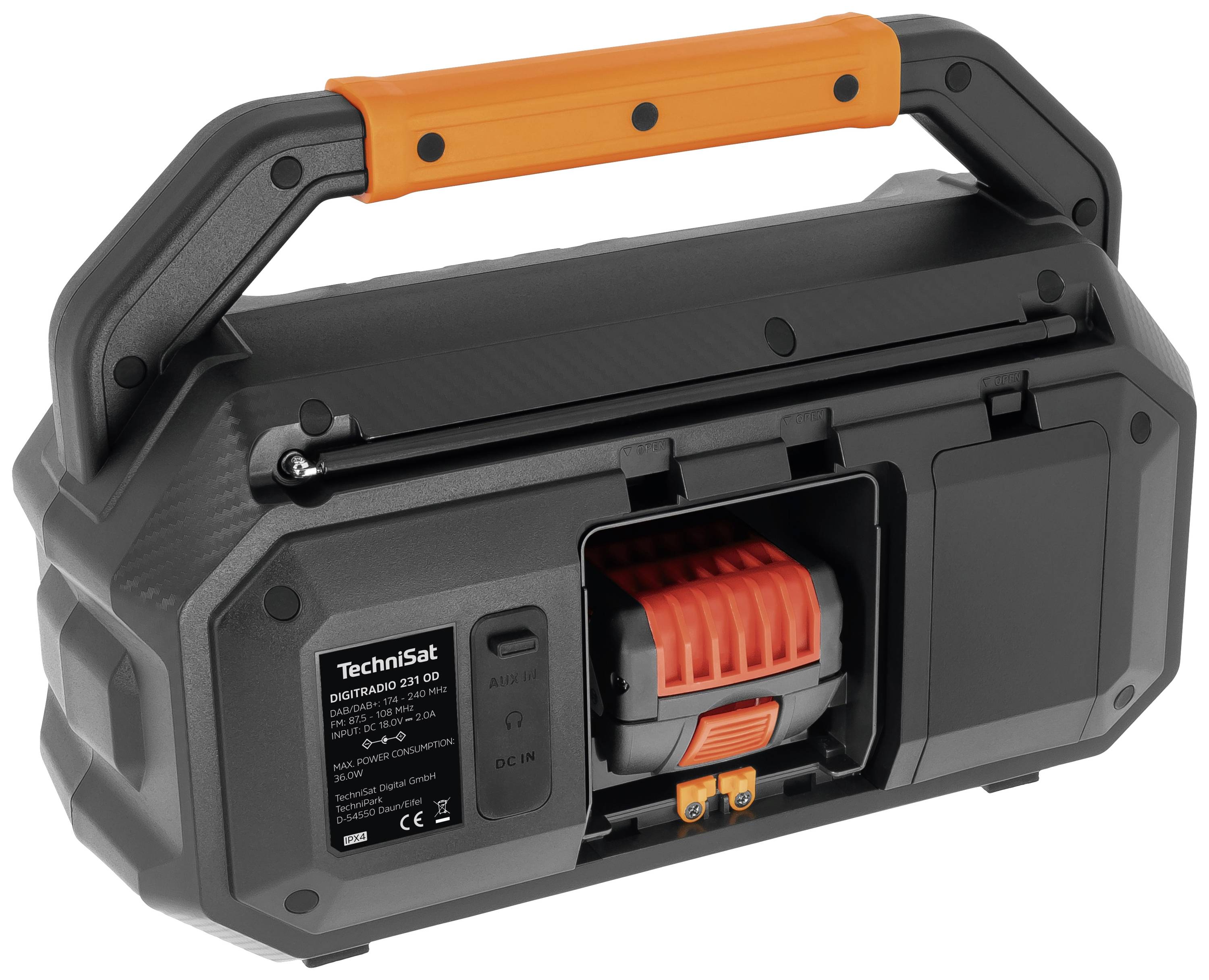Tragbares Radio mit orangem Griff und sichtbarer Batterie. Markenname und Modellnummer an der Seite. Robust und mobil.