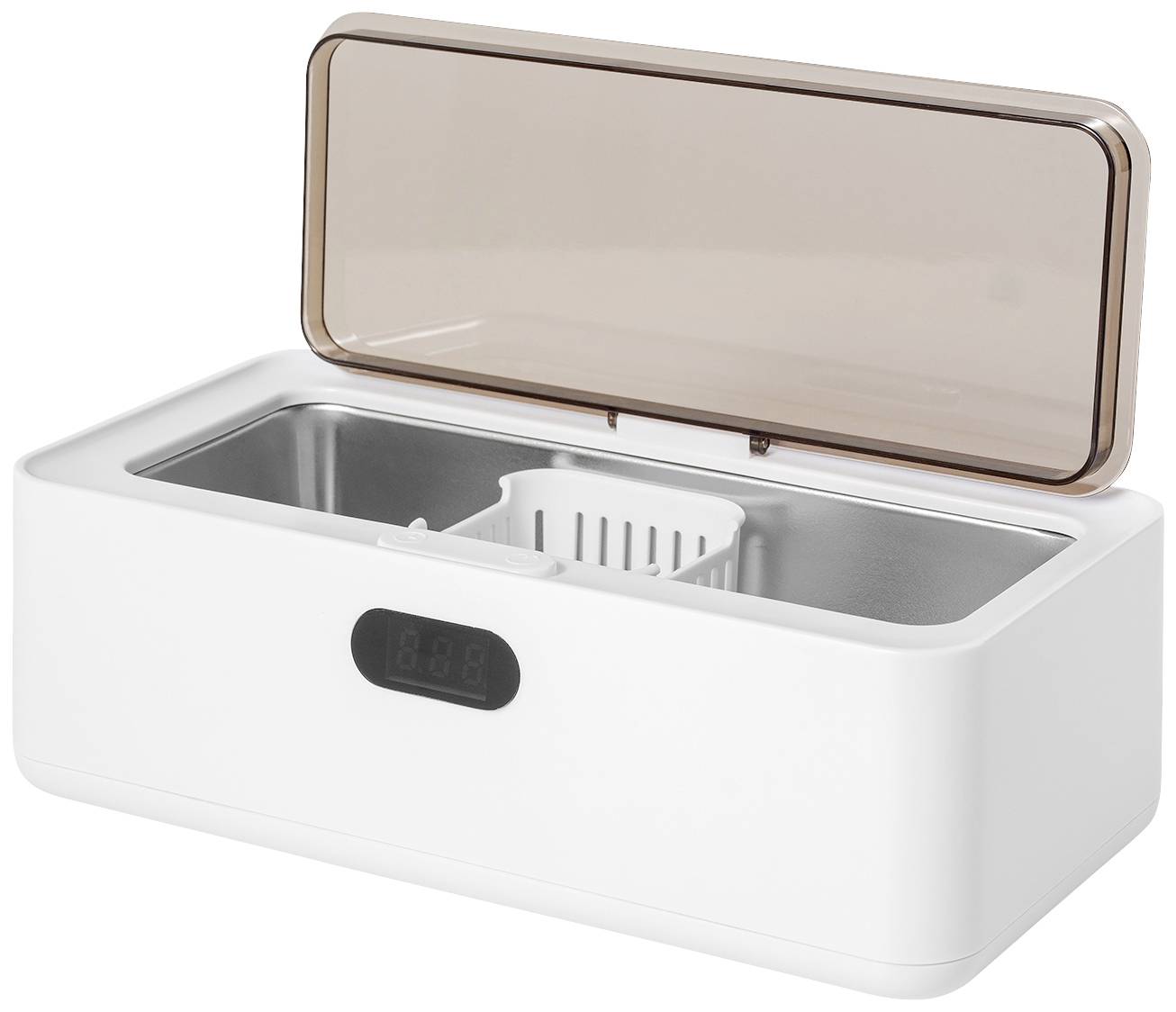 Ein elektrischer Ultraschallreiniger mit offenem Deckel und digitalem Display, geeignet zur Reinigung von Schmuck und kleinen Gegenständen.