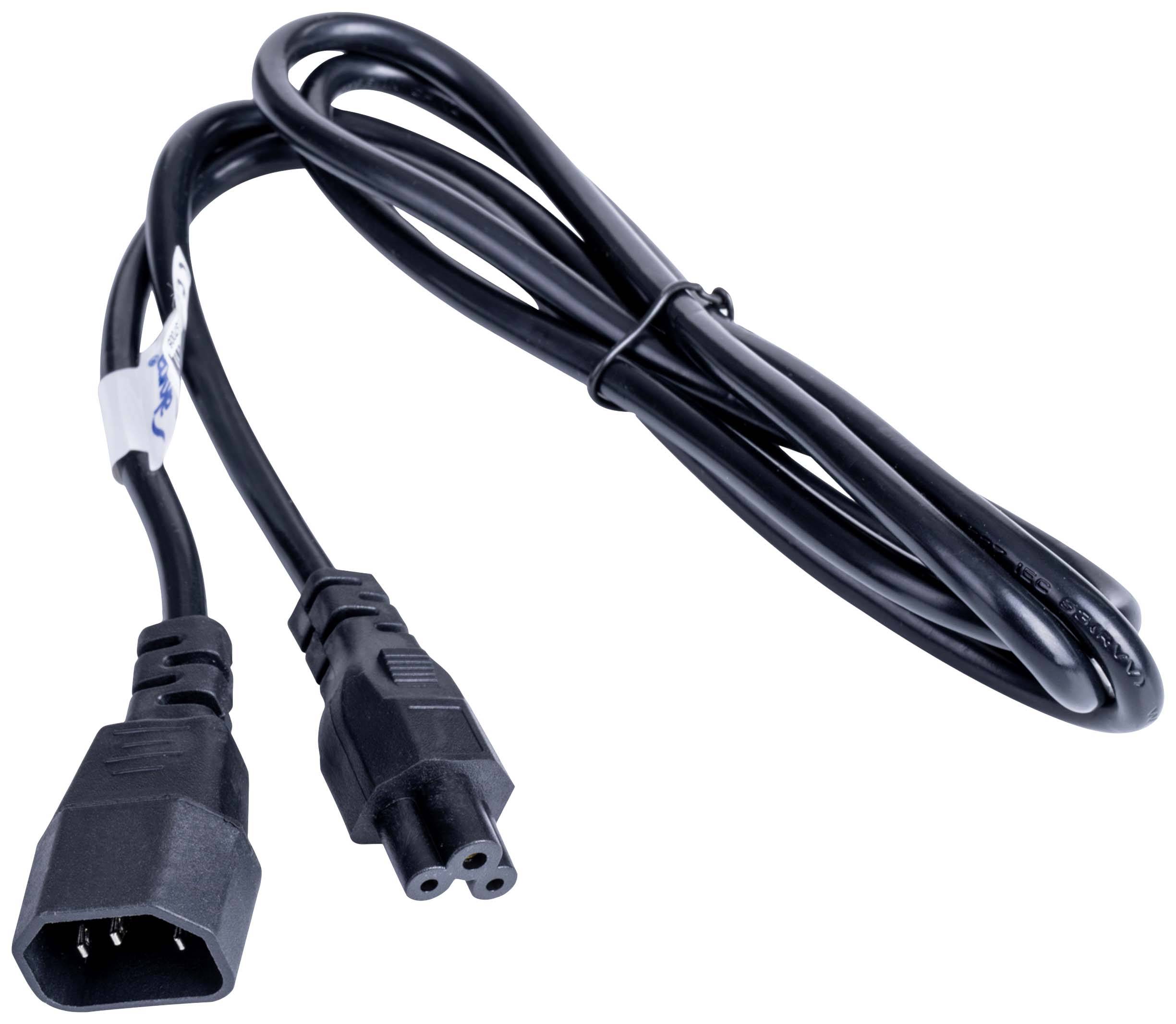 Ein schwarzes Netzkabel mit einem IEC 60320 C13-Stecker und einem C5-Stecker, oft für Laptops und elektronische Geräte verwendet.