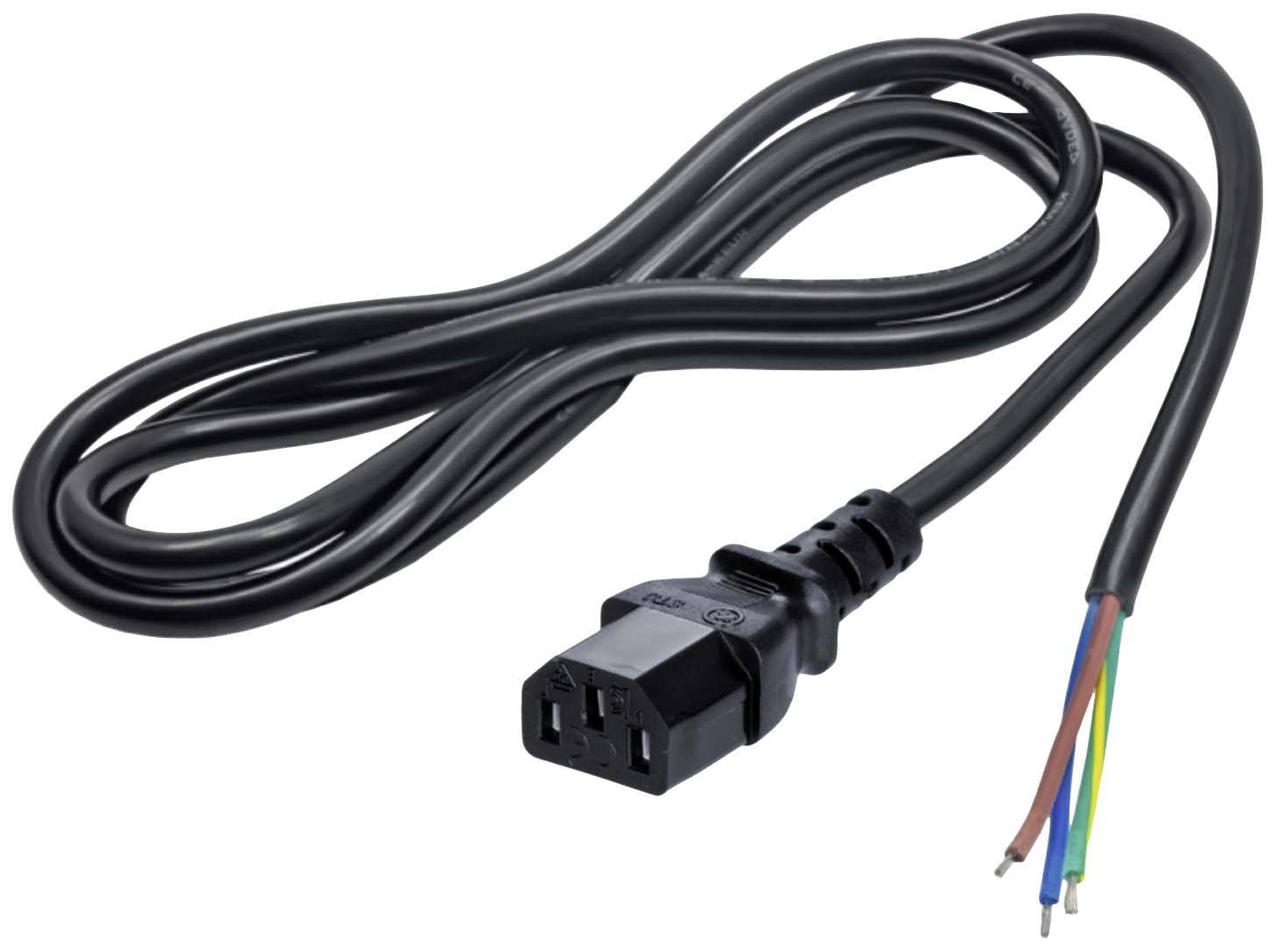 Ein schwarzes Netzkabel mit einem IEC-C13-Stecker auf einer Seite und offenen, farbigen Adern auf der anderen Seite.