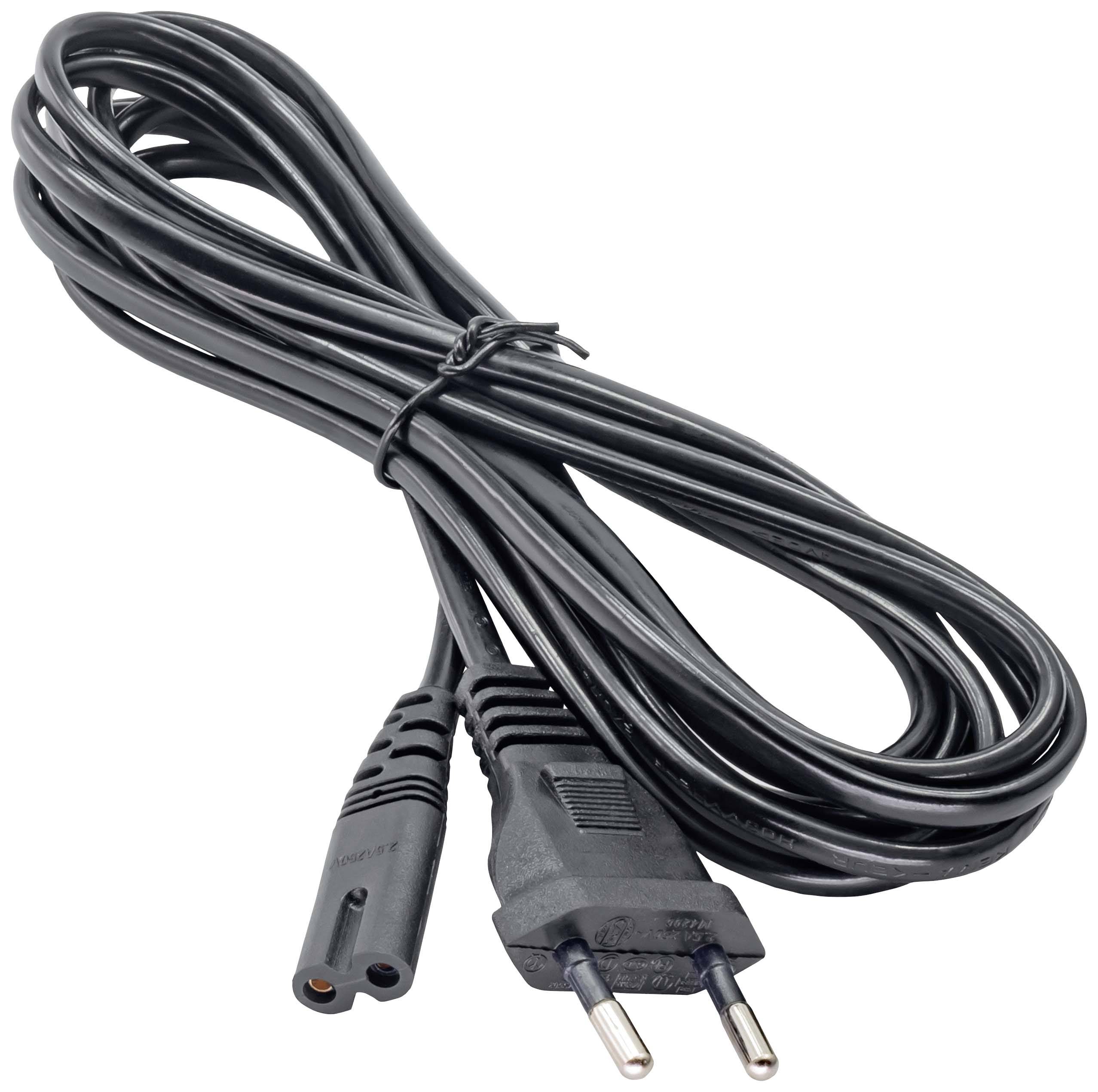 Ein schwarzes Netzkabel mit Eurostecker und Doppellochbuchse, aufgerollt mit einem Kabelbinder fixiert. Geeignet für Haushaltsgeräte.