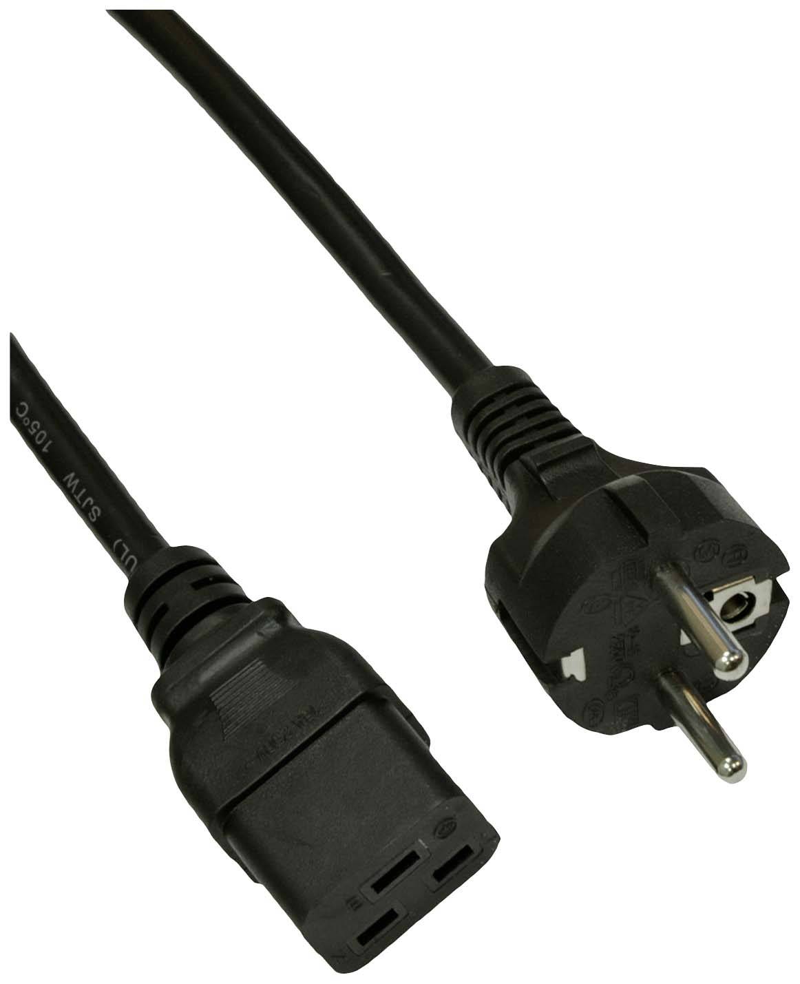 Ein schwarzes Netzkabel mit einem C13-Stecker auf der linken Seite und einem Schuko-Stecker auf der rechten Seite.