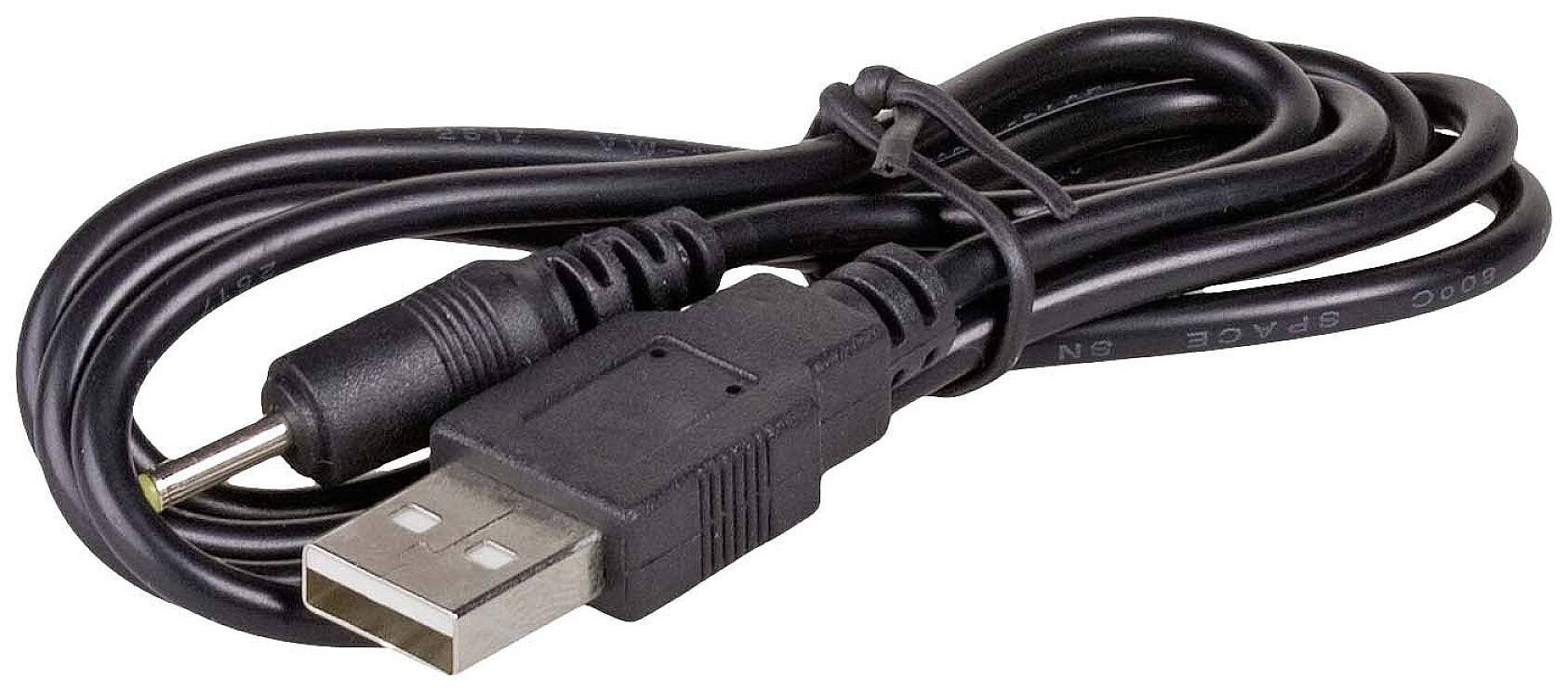 Ein schwarzes USB-Kabel mit einem USB-A-Stecker und einem koaxialen Stecker, geeignet für die Stromversorgung kleiner Geräte.