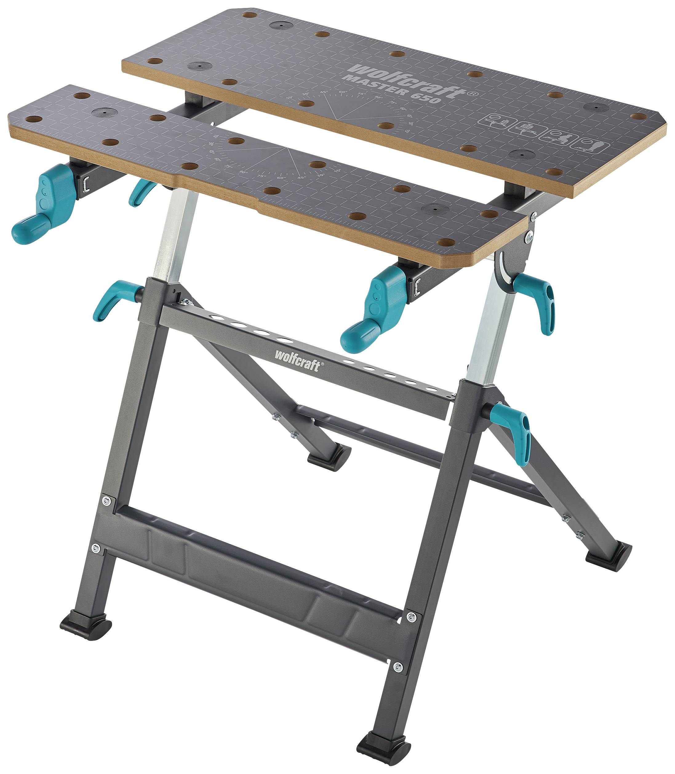 Tragbarer Arbeitstisch mit klappbarer Werkbankoberfläche und verstellbaren Spannbacken, geeignet für verschiedene Handwerksarbeiten.