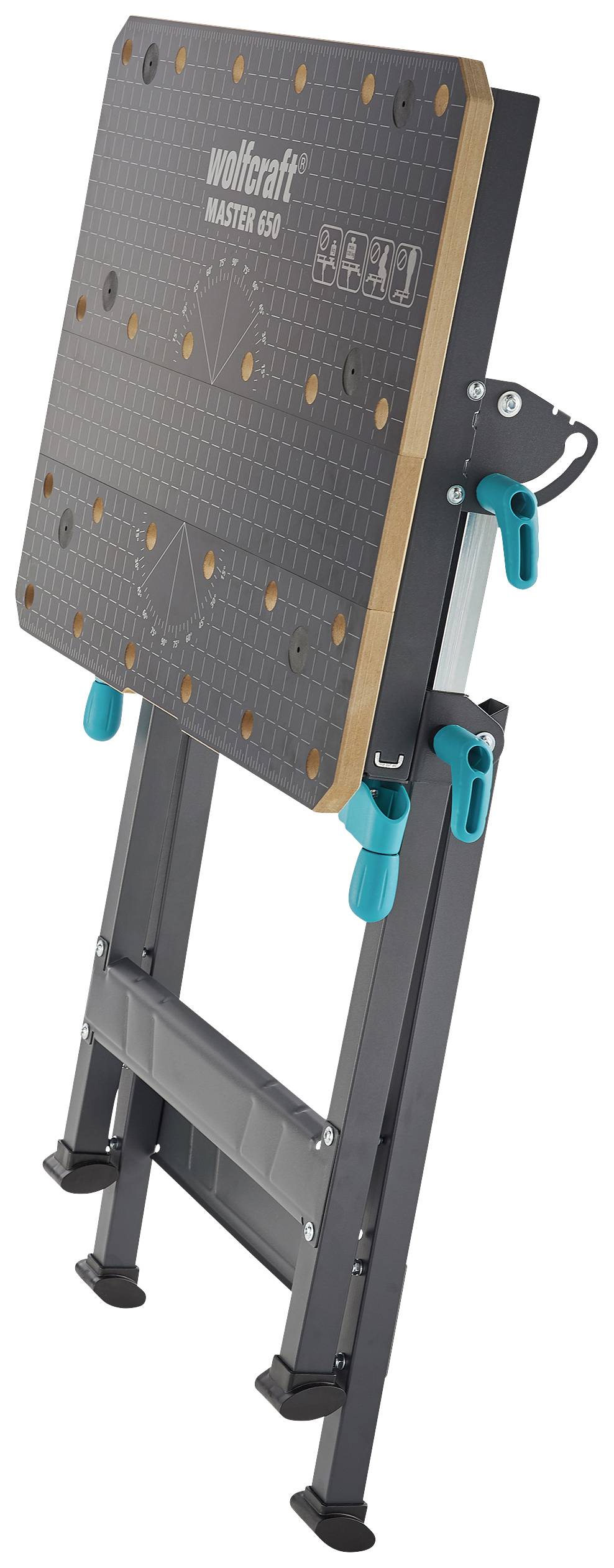 Klappbarer Arbeitstisch mit schwarzer Oberfläche, blauen Griffen und Holzdetails. Steht vertikal, ideal für Werkstattarbeiten.