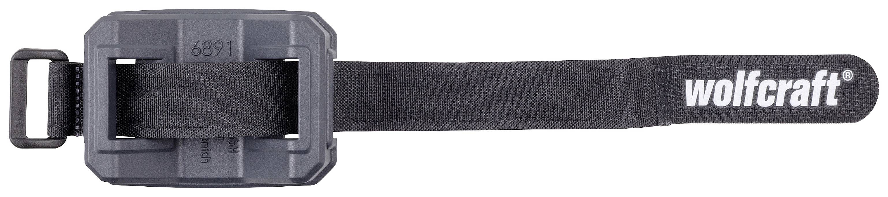 Eine schwarze Spanngurtklemme der Marke Wolfcraft mit Spanngurt.