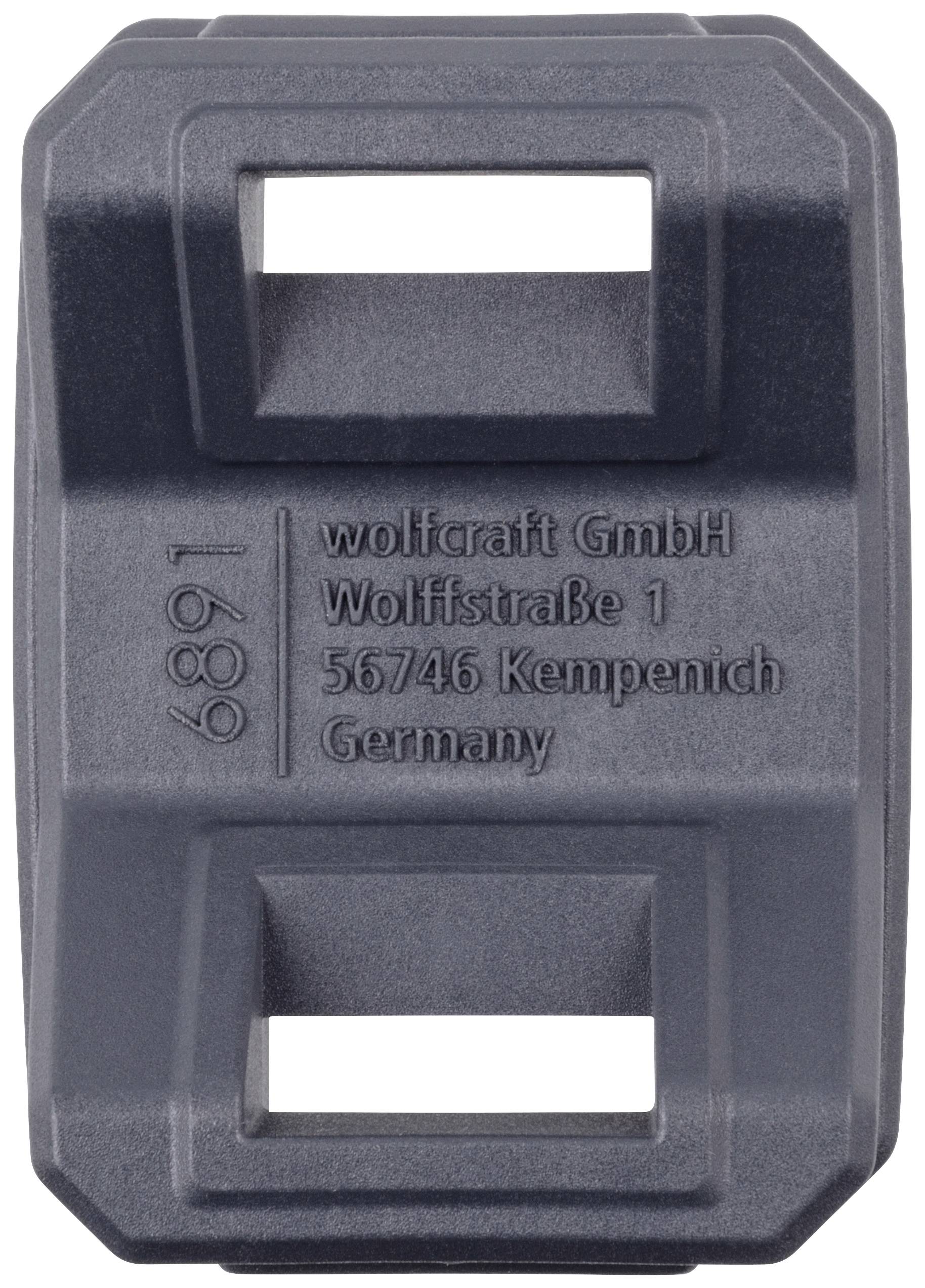 Graues Kunststoffteil mit der Prägung 'wolfcraft GmbH, Wolffstraße 1, 56746 Kempenich, Germany' und der Nummer '6891'.