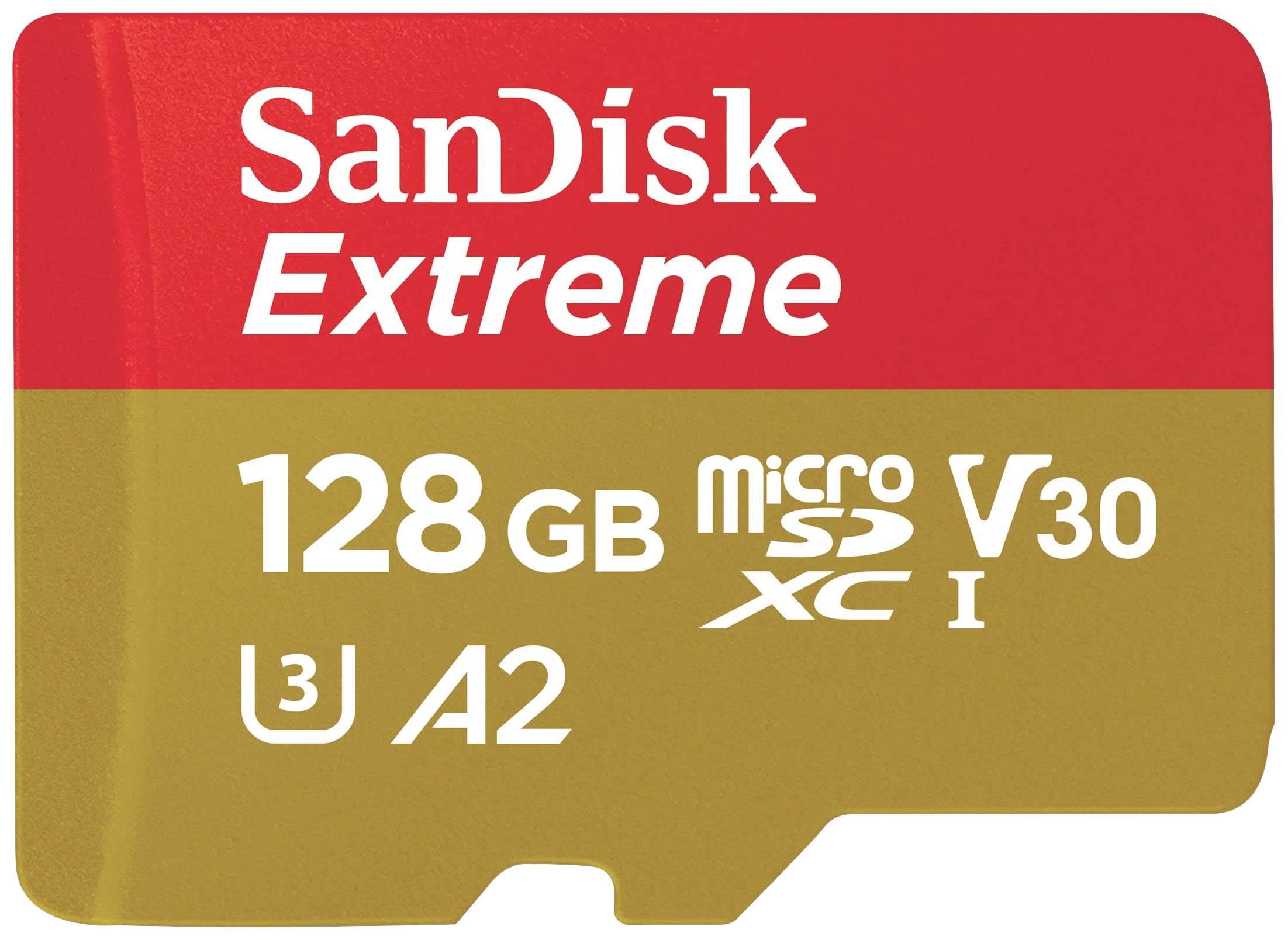 'SanDisk Extreme' microSD-Karte mit 128 GB Speicher, Klasse V30, UHS-I, A2, geeignet für schnelle Datenübertragung und Apps.