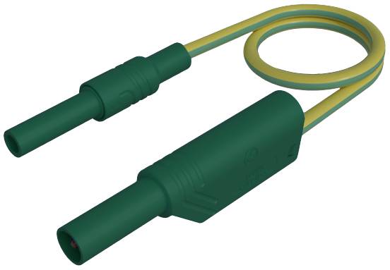 Ein grünes und gelbes Kabel mit zwei Steckern an beiden Enden, oft verwendet für elektrische Verbindungen in elektronischen Geräten.