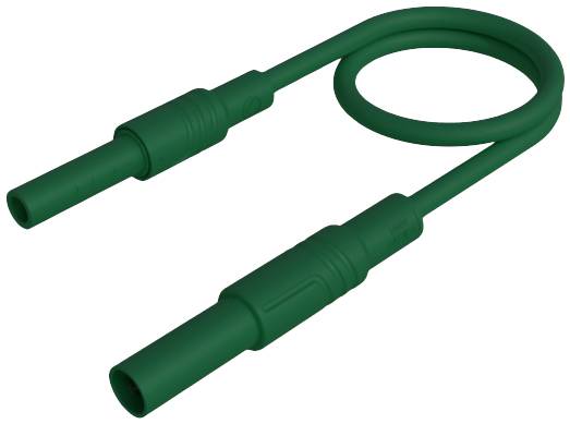 Grünes Kabel mit zwei parallelen Endstücken und einer Schleife in der Mitte, typisches Zubehör für elektronische Verbindungen.