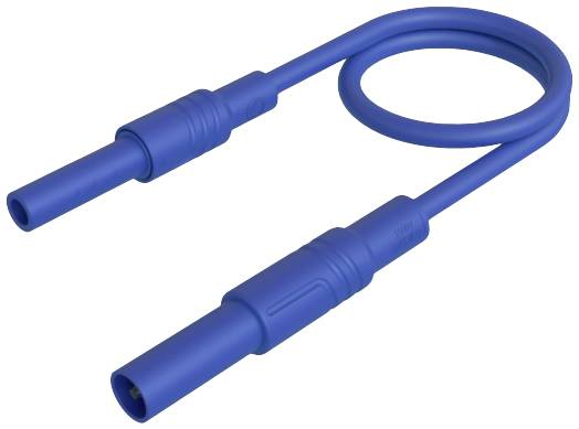 Ein blaues Laborkabel mit zwei Anschlüssen, die durch ein flexibles Kabel miteinander verbunden sind, liegt auf einer weißen Fläche.