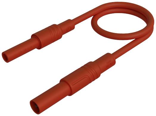 Rotes Testkabel mit zwei Steckern, die durch ein flexibles, spiralförmig gebogenes Kabel verbunden sind, auf weißem Hintergrund.