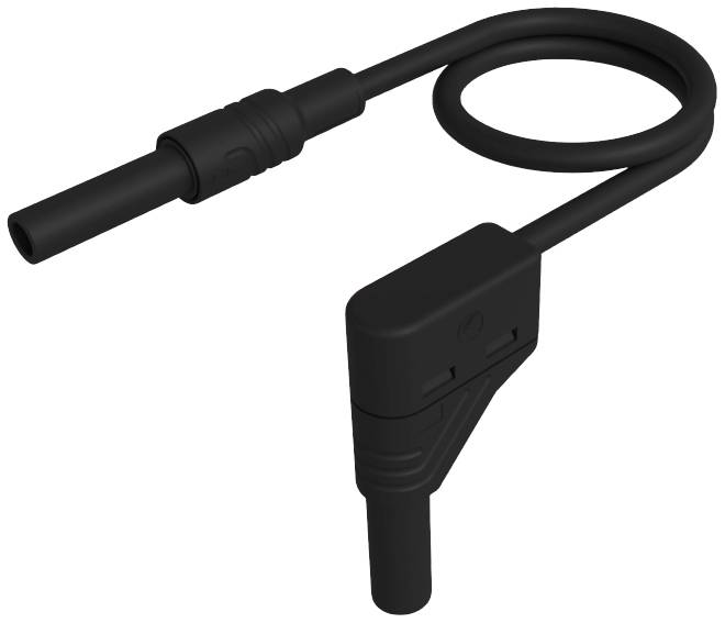 Ein schwarzes, gebogenes Kabel mit zwei Steckverbindungen; eine gerade und eine rechtwinklige Verbindung. Hauptsächlich für elektronische Geräte.