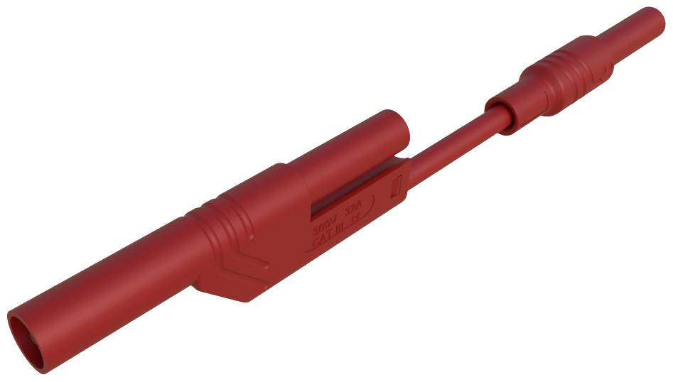 Roter Teststecker mit Kupplung und Anschluss für elektrische Tests, gezeigt im zusammengebauten Zustand auf weißem Hintergrund.