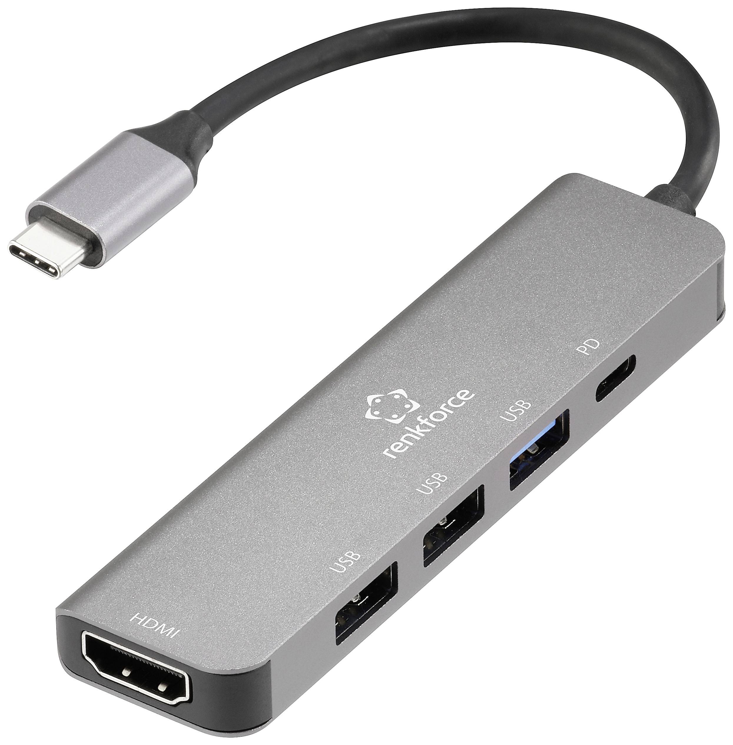 Ein silberner USB-C-Hub mit drei USB-Anschlüssen, einem HDMI-Anschluss und PD (Power Delivery) für erweiterte Konnektivität.