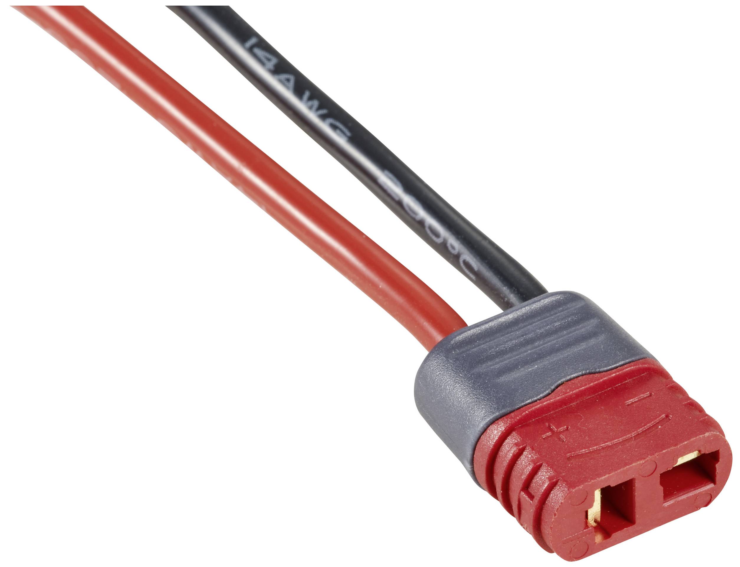 Ein rotes und schwarzes Kabel mit einem Steckverbinder, vermutlich für elektrische Geräte oder Batterien, liegt vor einem weißen Hintergrund.