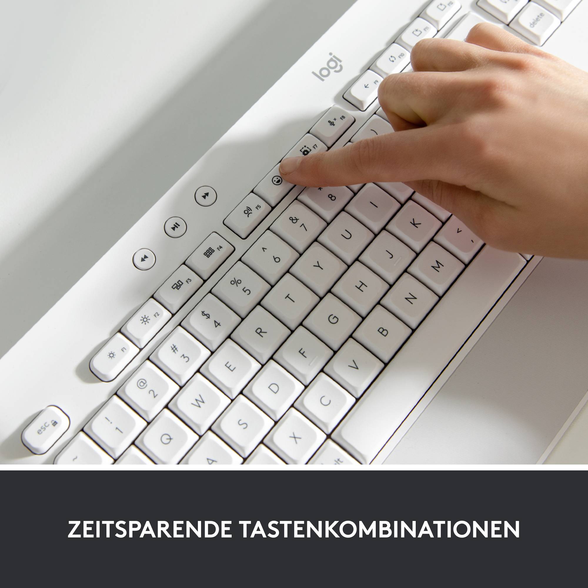 Eine Hand tippt auf eine Computertastatur. Darunter steht: 'Zeitsparende Tastenkombinationen'.