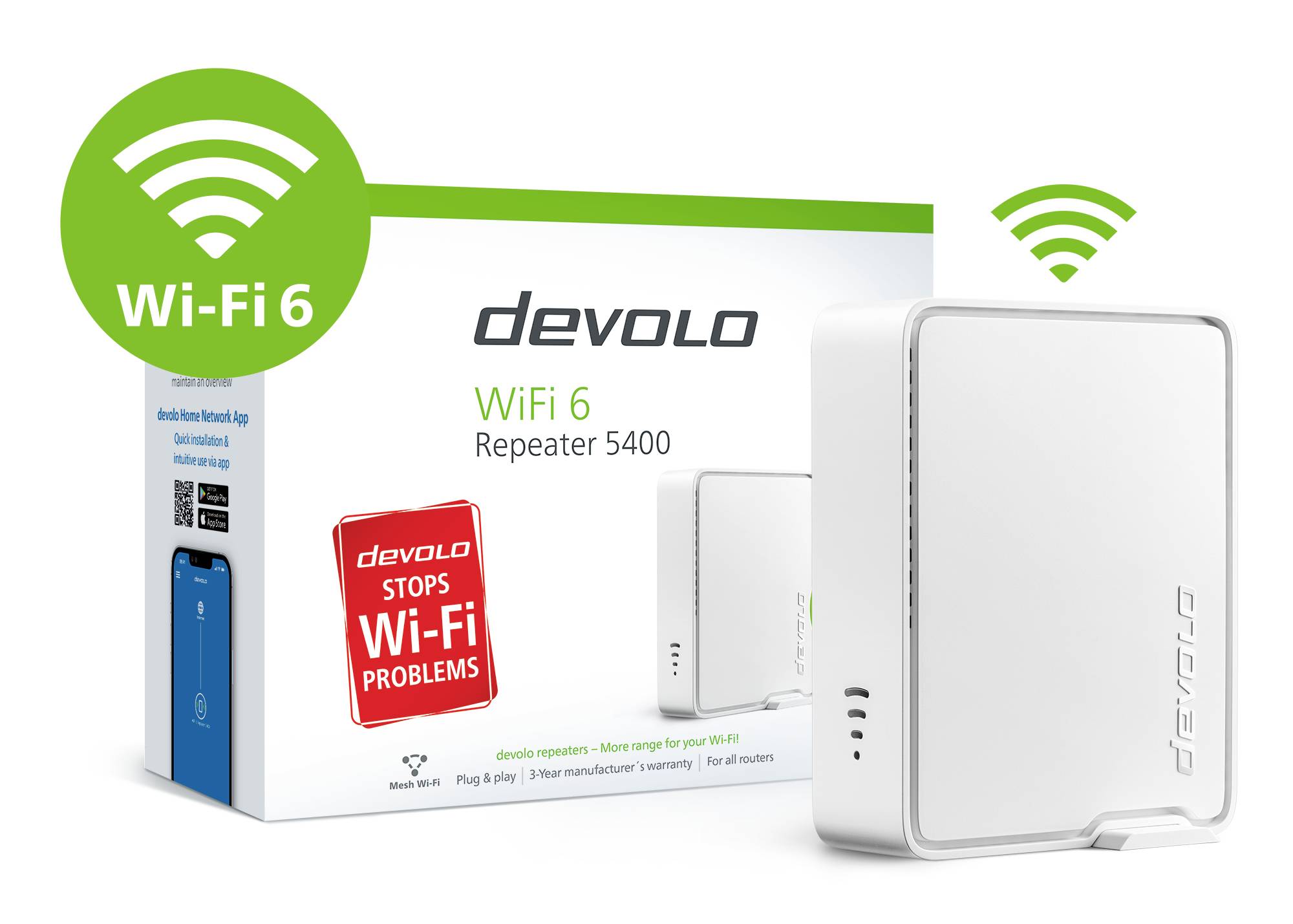 'Devolo WiFi 6 Repeater 5400' Verpackung und Gerät. Text 'devolo stops Wi-Fi problems'. WiFi 6 Symbol angezeigt.