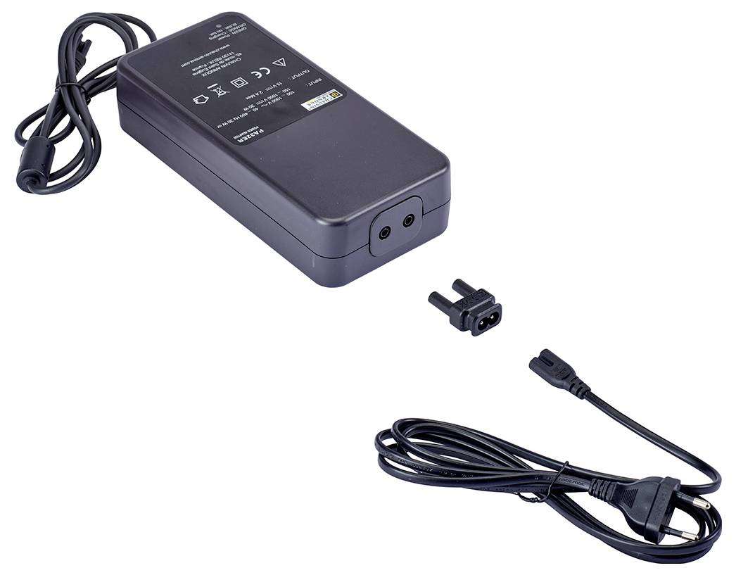 Ein schwarzes, rechteckiges Netzteil mit abnehmbarem Netzkabel, in einem neutralen Hintergrund präsentiert.