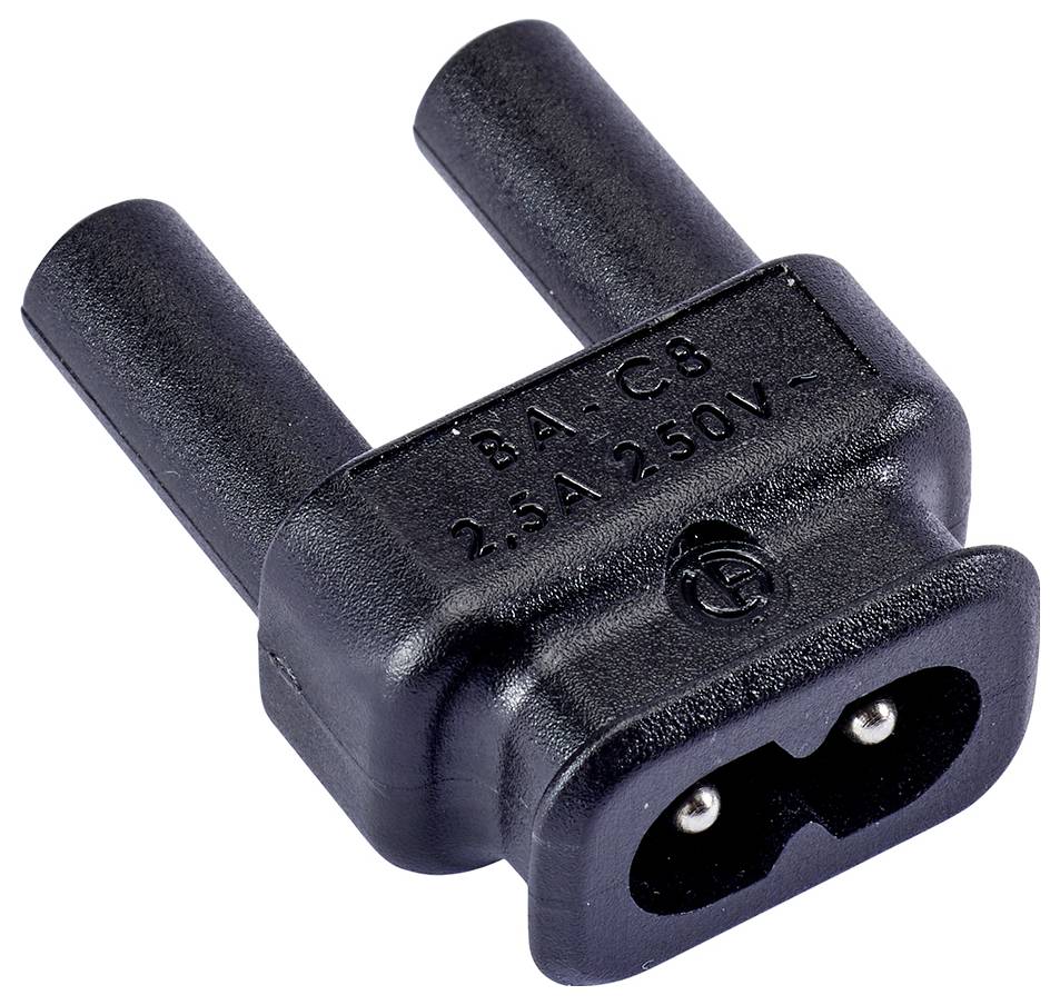 Schwarzer Euro-Stecker (Typ C) mit zwei runden Stiften, 2,5A, 250V, auf weißem Hintergrund.