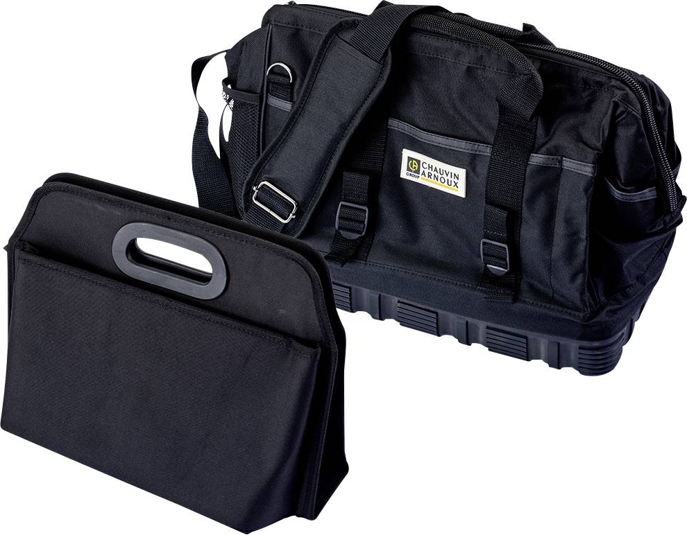 Schwarze Werkzeugtasche mit Tragegriff und Schultergurt, daneben eine zweite kleinere Tasche. Beide sind aus einem robusten Material.