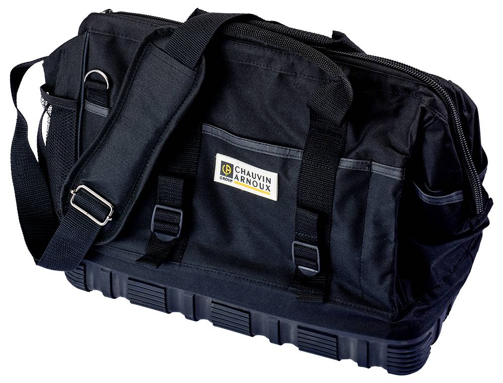 Schwarze Werkzeugtasche mit Schulterriemen und mehreren Fächern. Logo 'Chauvin Arnoux' auf der Vorderseite.