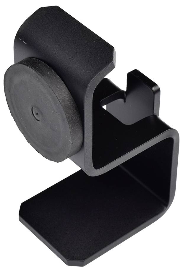 Schwarzer Kopfhörerständer aus Metall mit L-förmigem Design und runder Halterung oben.