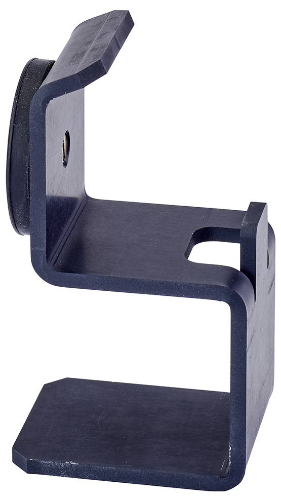 Metallhalteclip mit rechteckigem Aufbau und gebogenem Haken oben sowie Flansch unten. Designed für Wandmontage oder Gerätehalterung.