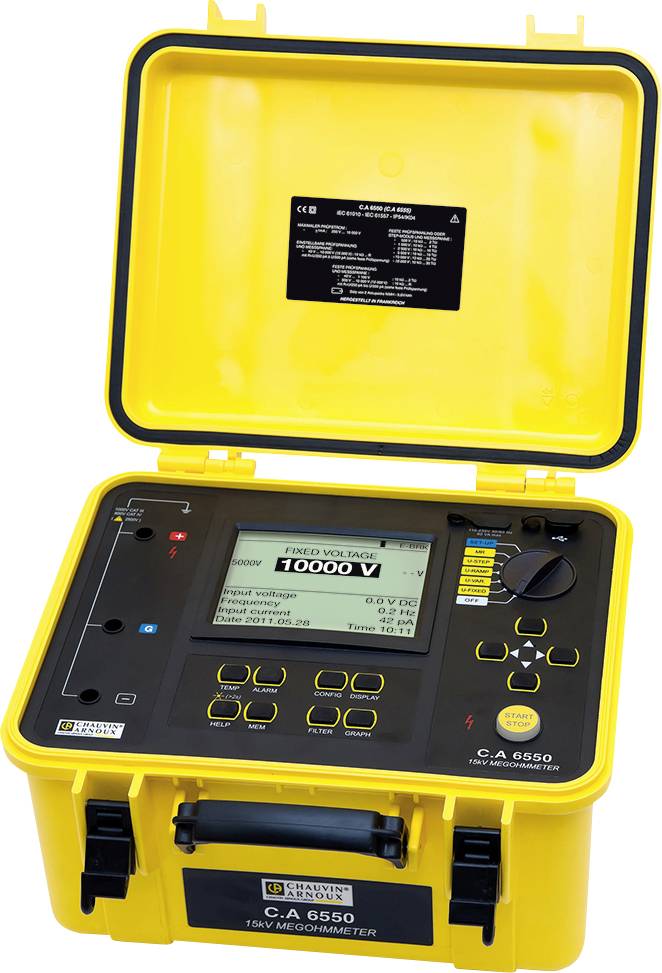 Gelbes tragbares Messgerät C.A 6550 zur Messung hoher Widerstände, mit digitalem Display, geöffnetem Deckel und Tragegriff.