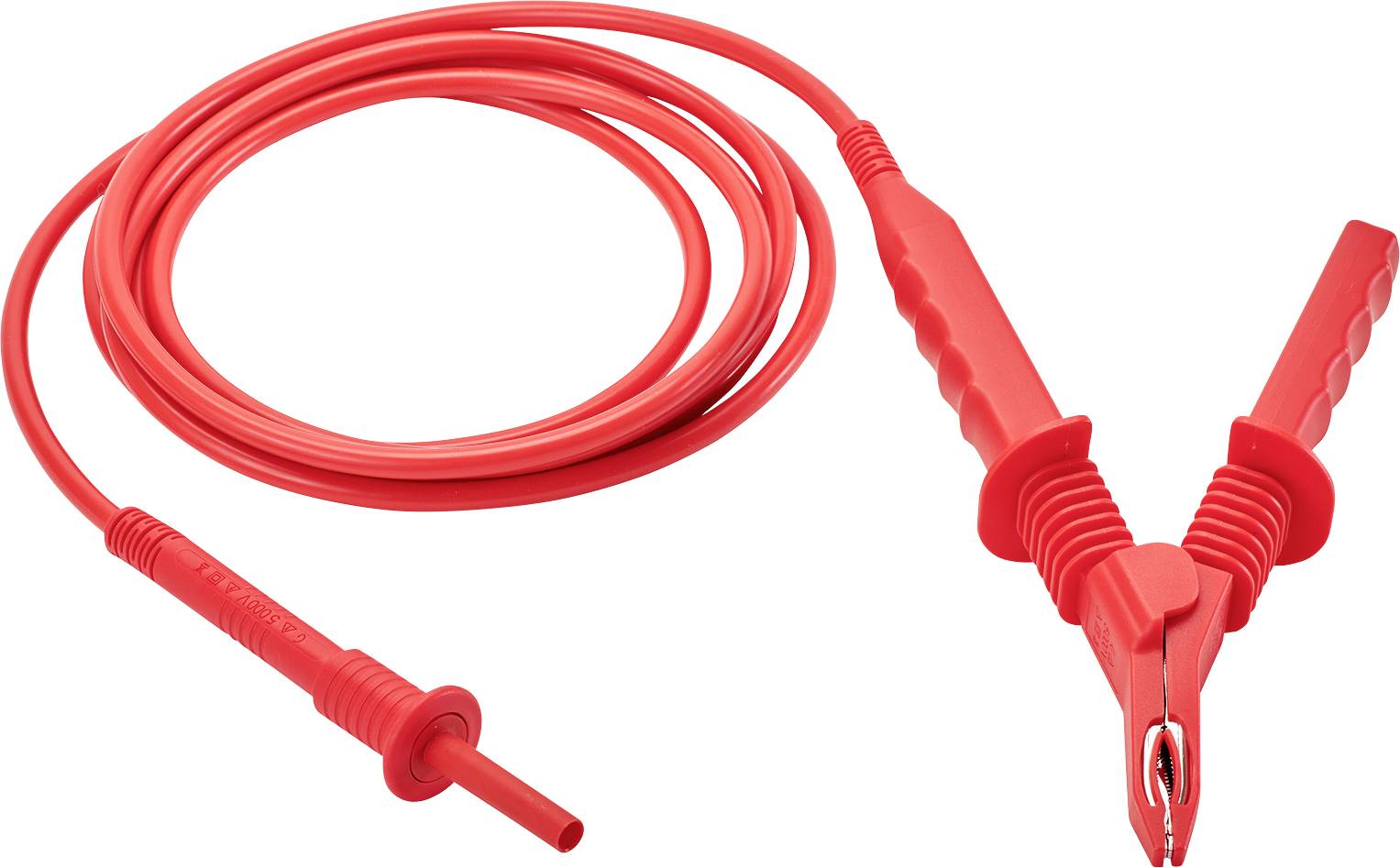 Rotes Prüf- und Klemmenkabel, geeignet für elektrische Messungen, mit einer Prüfspitze und einer Krokodilklemme an den Enden.