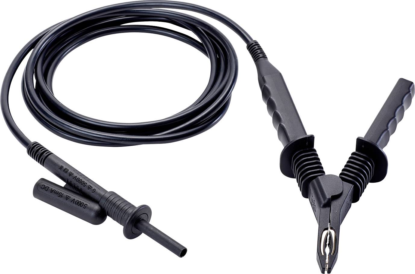 Ein schwarzes Messkabelset mit einem Krokodilklemmenstift und einer isolierten Sonde. Geeignet für elektrische Messungen.