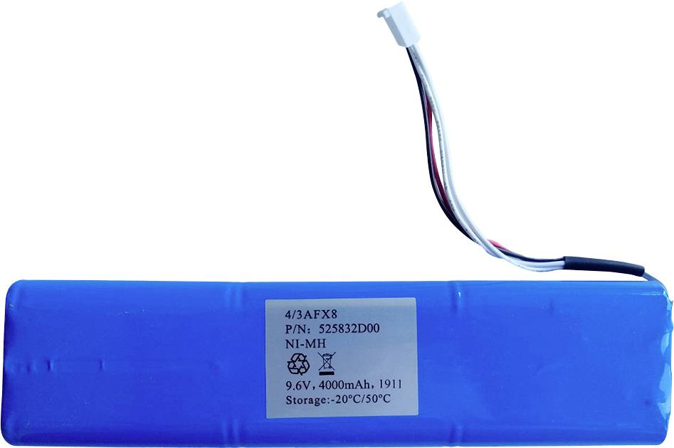 Blauer Ni-MH Akku mit der Aufschrift '9.6V, 4000mAh'. Enthält Drähte und ein Schild mit Lagerhinweisen '-20°C/50°C'.