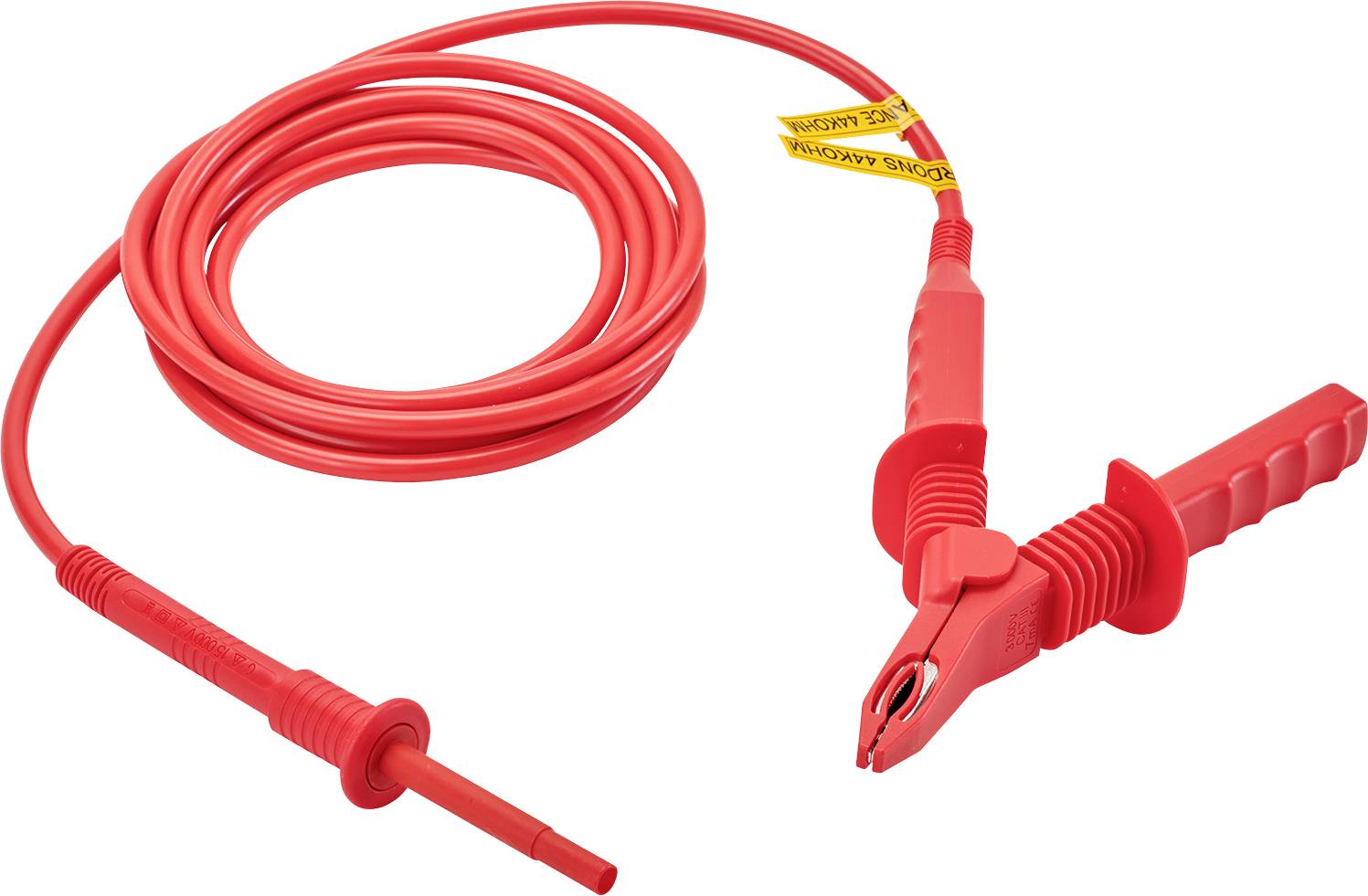 Rotes Messkabel mit Krokodilklemme und Prüfspitze, geeignet für elektrische Tests und Messungen.