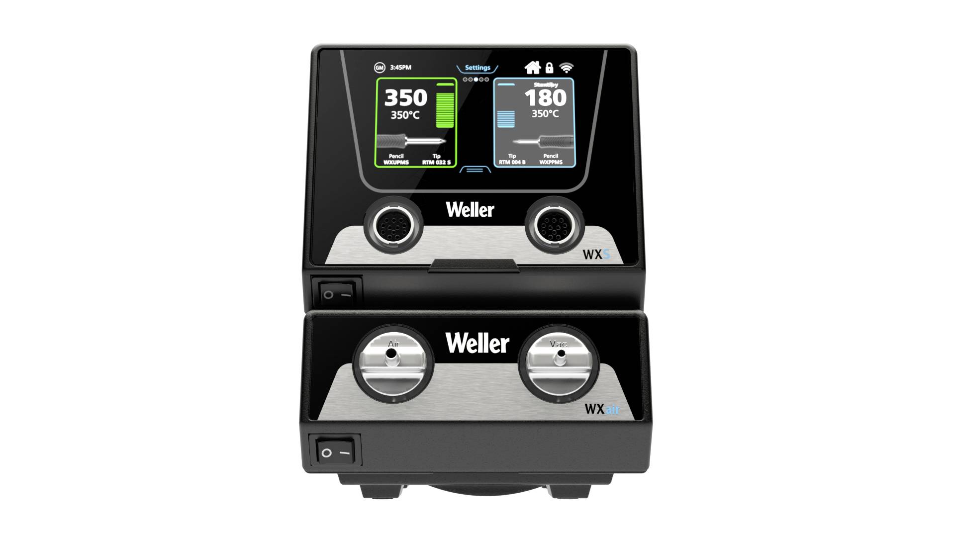 Lötstation mit digitalem Display zeigt zwei Temperaturanzeigen: links 350°C und rechts 180°C. Jede Anzeige hat separate Kontrollelemente.