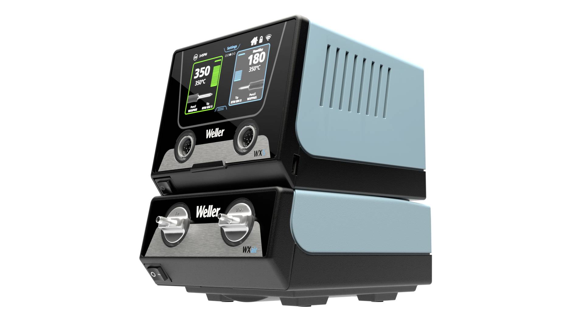 Lötstation von Weller mit zwei digitalen Anzeigen, die Temperatur und Status anzeigen. Die Station ist in blau und schwarz gehalten.