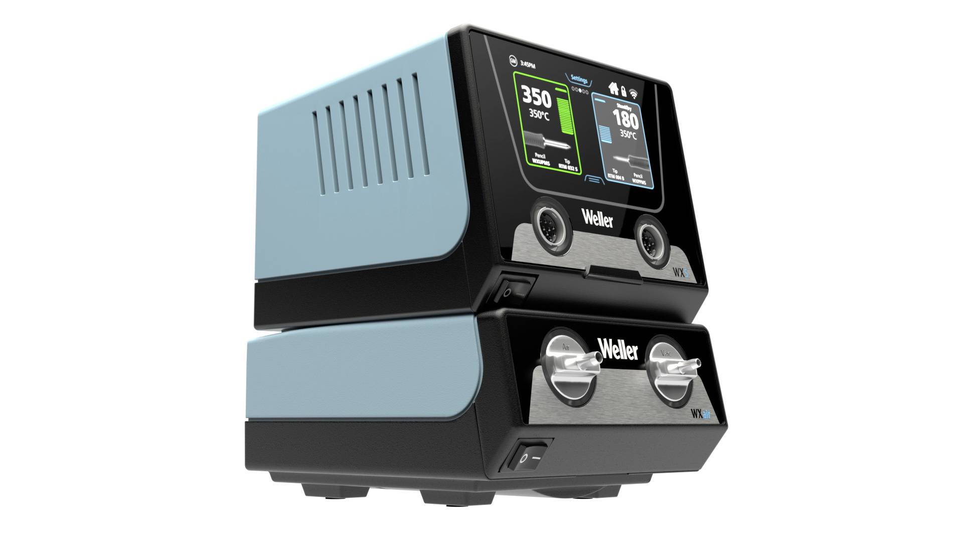 Zwei gestapelte elektronische Geräte mit digitalen Anzeigen für Temperatur. Das obere zeigt '350°C', das untere '180°C'.