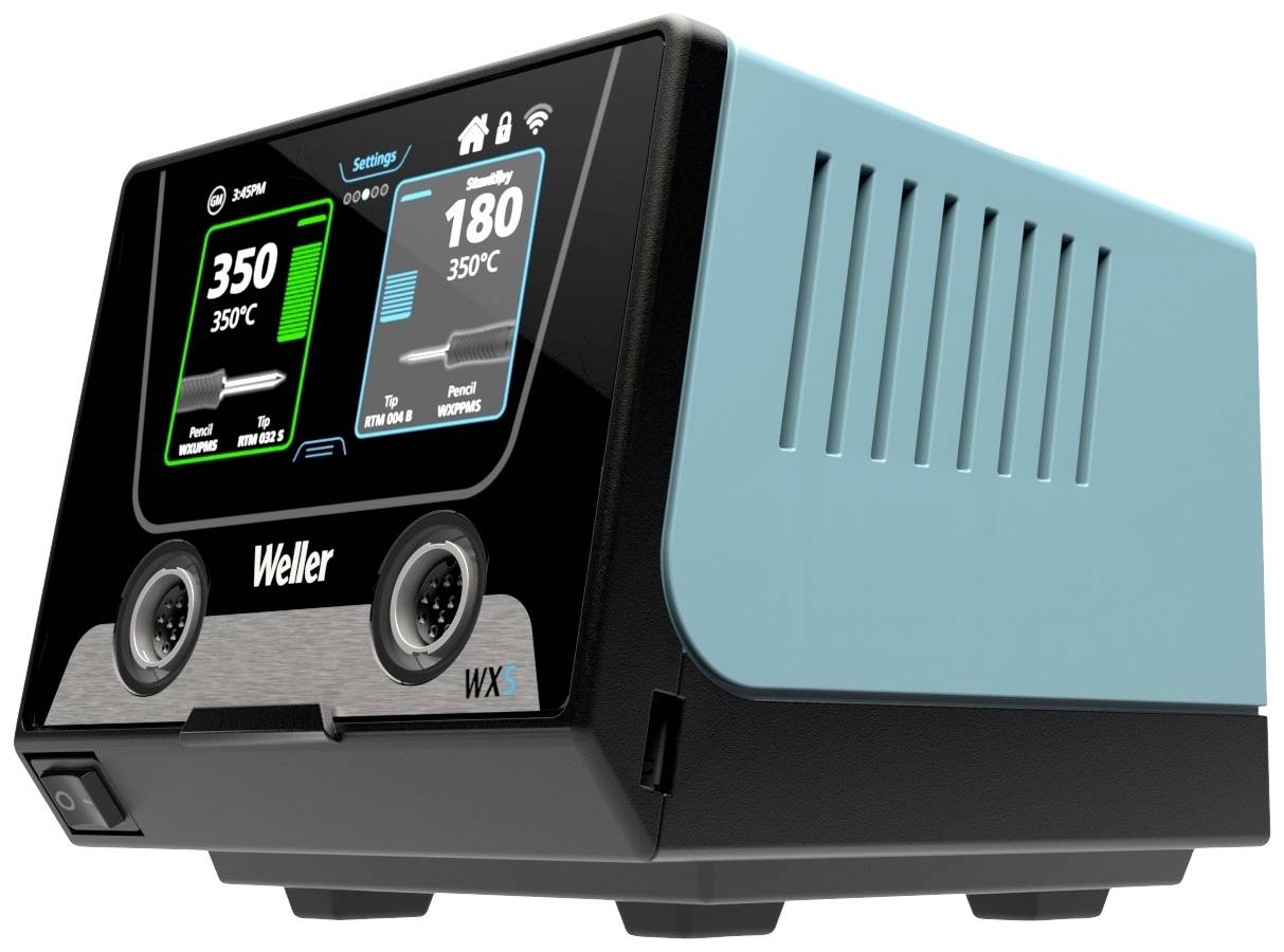 Ein Lötstation-Gerät von Weller zeigt auf zwei Bildschirmen Temperaturanzeige und Lötspitzentypen an.