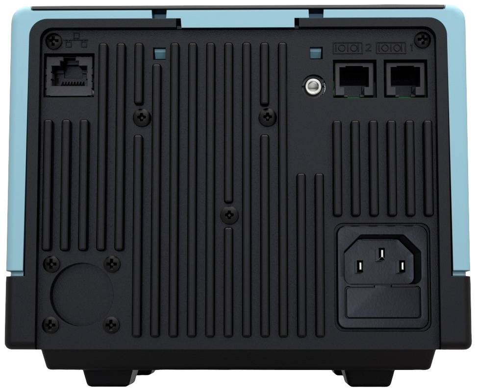 Die Rückseite eines elektronischen Geräts mit Anschlüssen für Strom, Internet (Ethernet), und zwei Telefonleitungen.